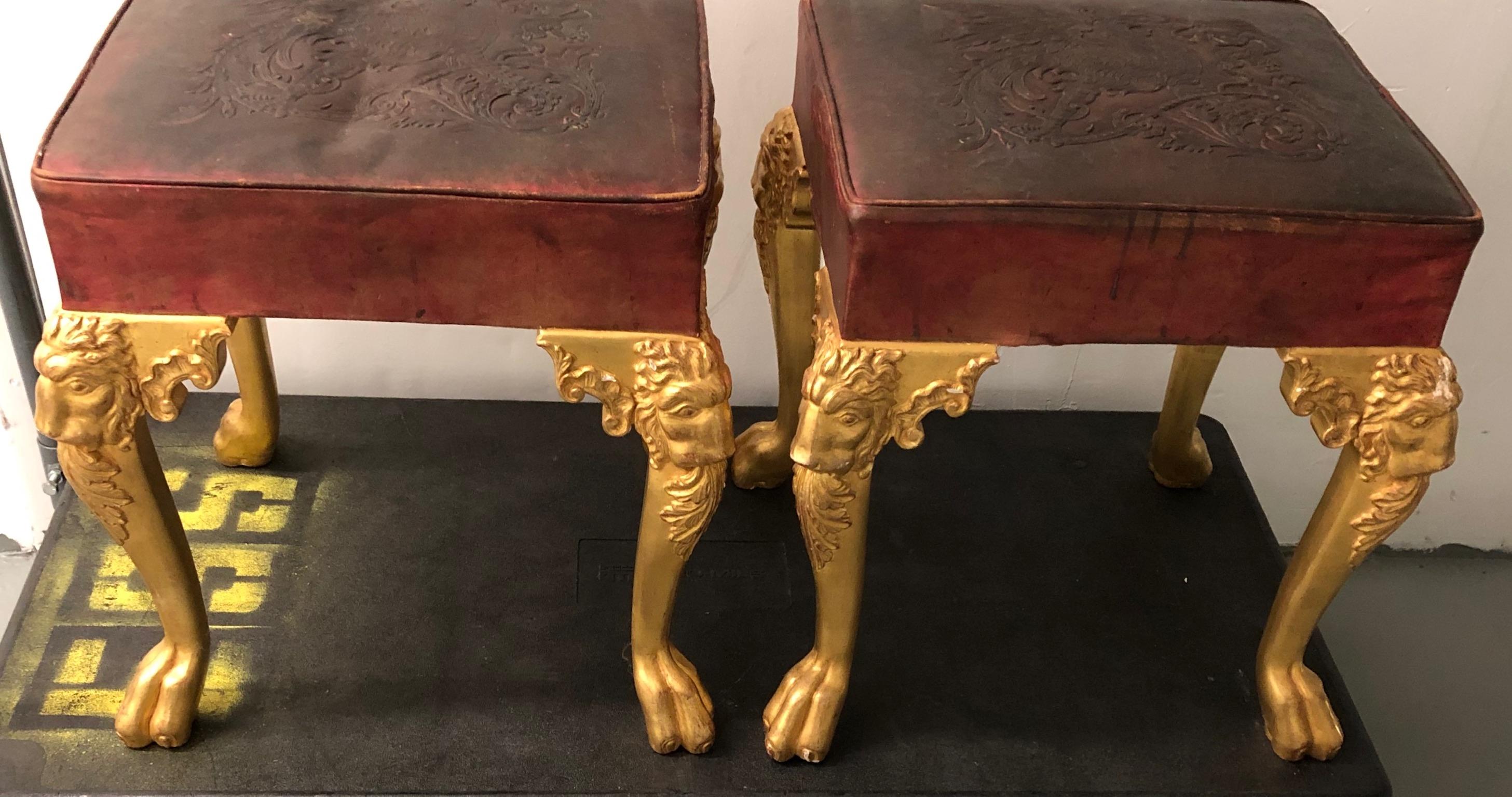 Pair of Louis XIV Style Stools of Giltwood, Leather by Maison Straure, France 9