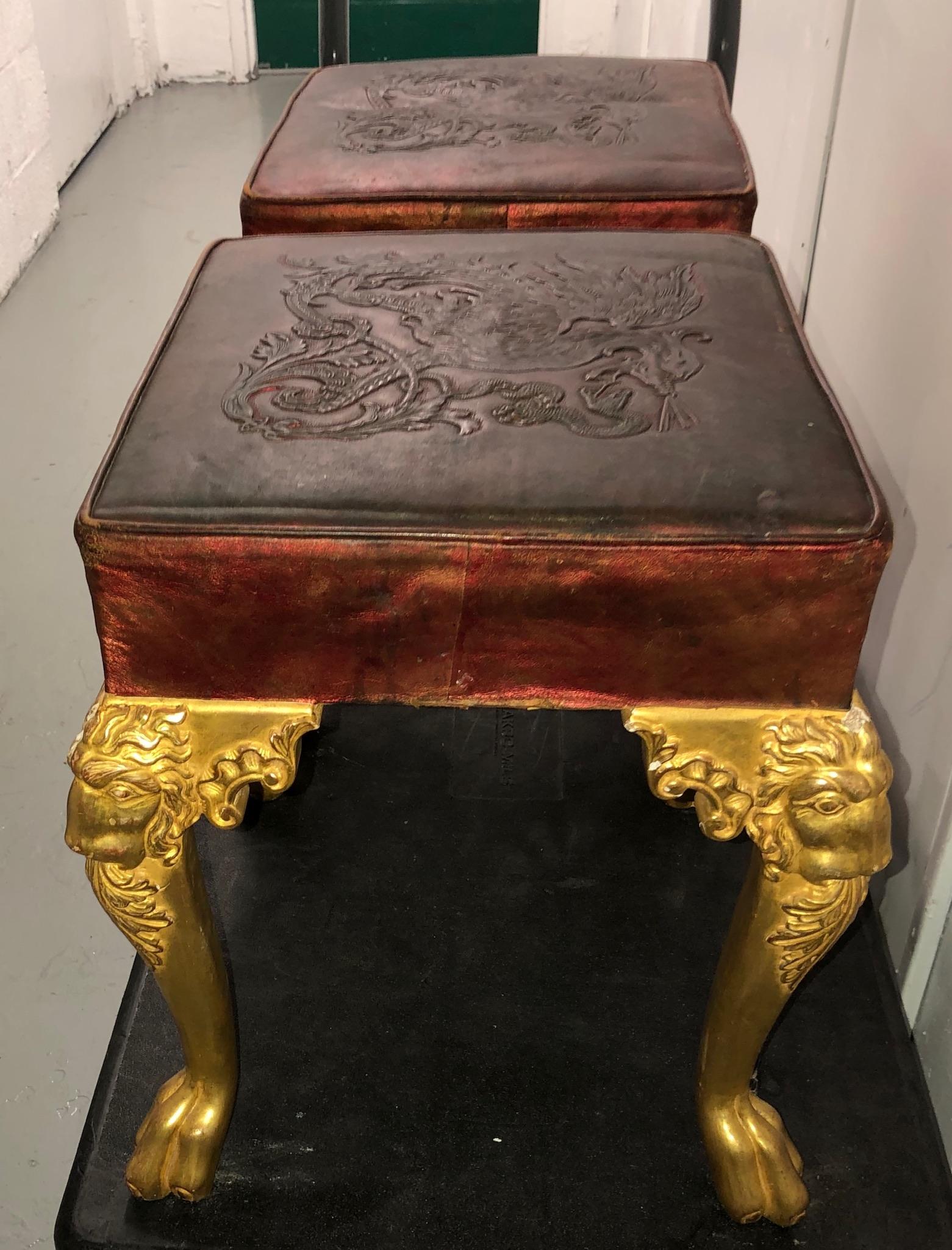 Embossed Pair of Louis XIV Style Stools of Giltwood, Leather by Maison Straure, France
