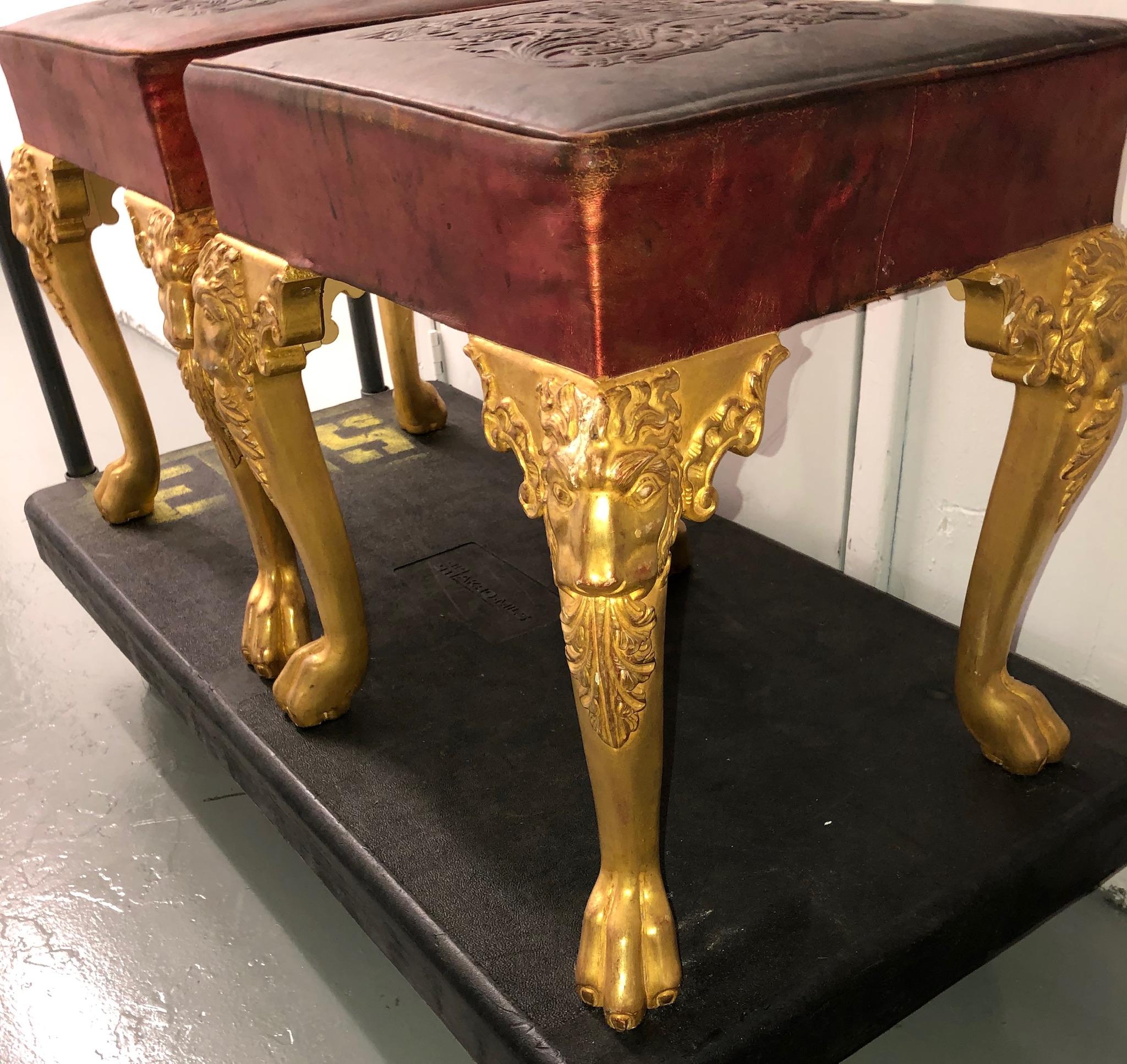 Pair of Louis XIV Style Stools of Giltwood, Leather by Maison Straure, France 2