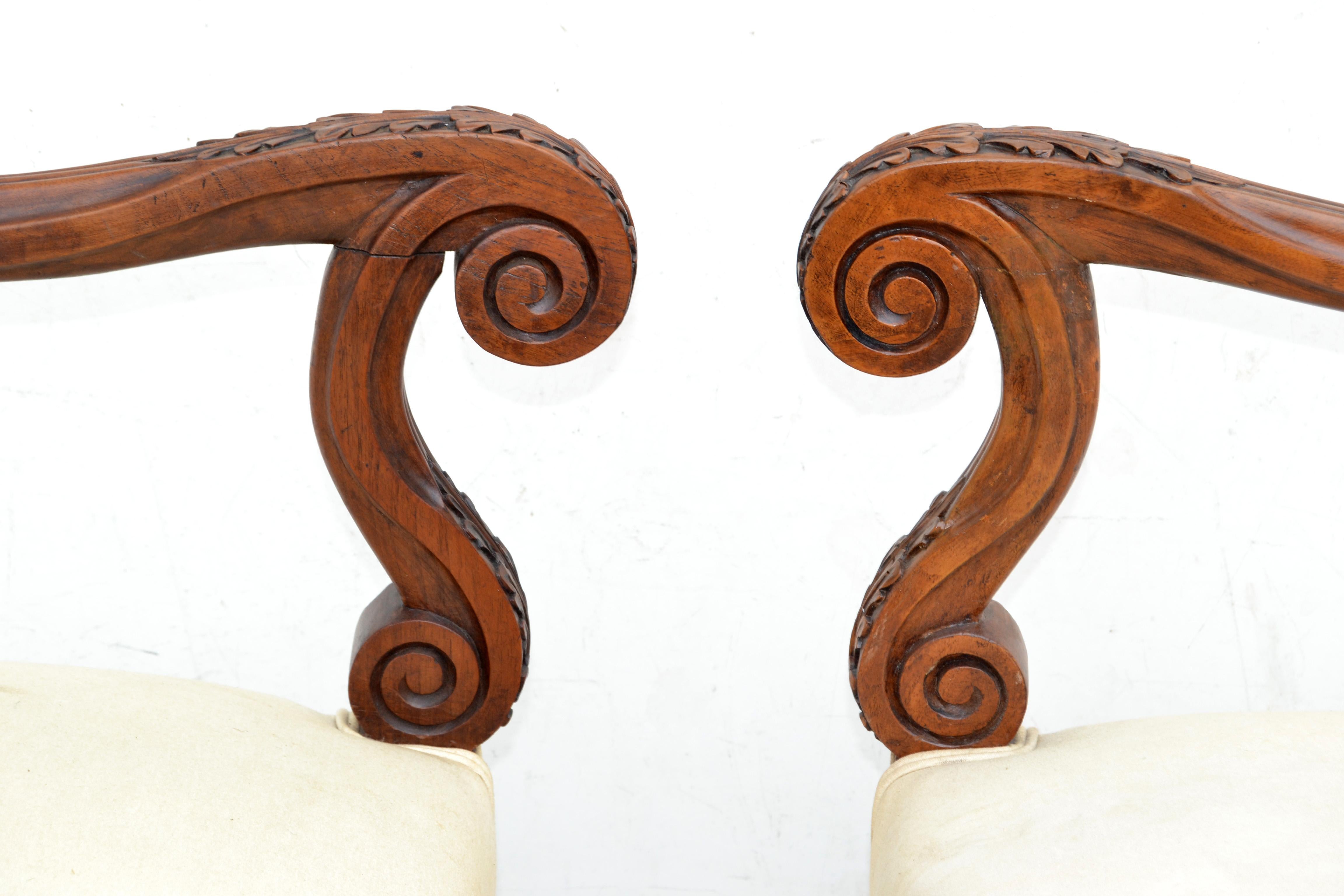 Pair of Louis XIV Style Bergere Chairs Carved Walnut Wood Armchairs France For Sale 5