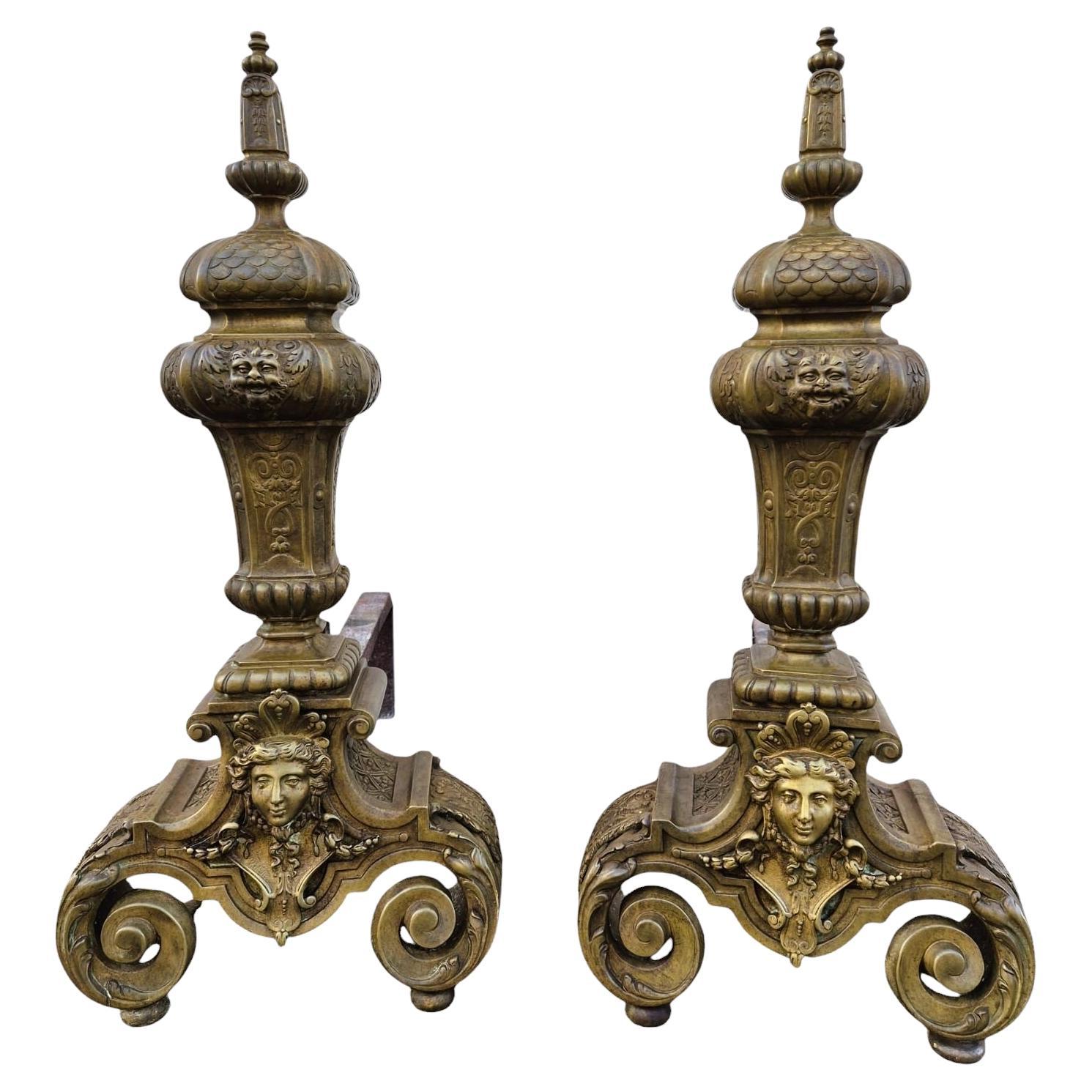 Pair Of Louis XIV Style Bronze And Iron Andirons, 19th Century