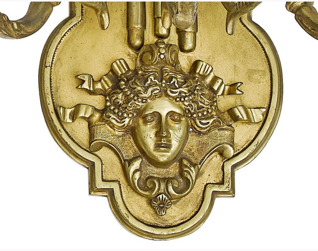 Cast Pair of Louis XIV Style Bronze Two Light Sconces For Sale