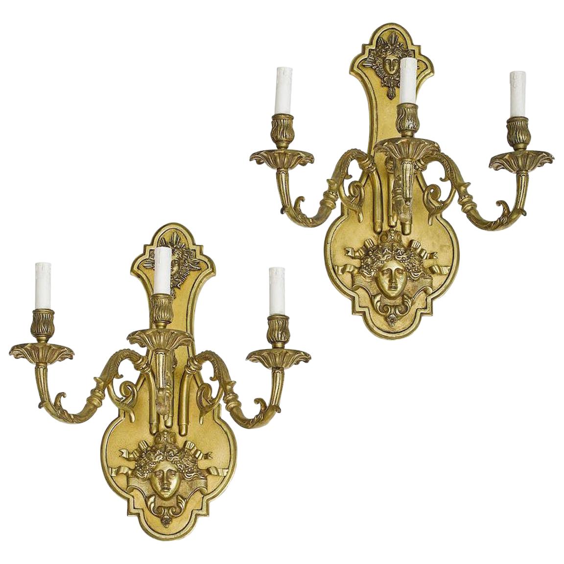 Pair of Louis XIV Style Bronze Two Light Sconces For Sale