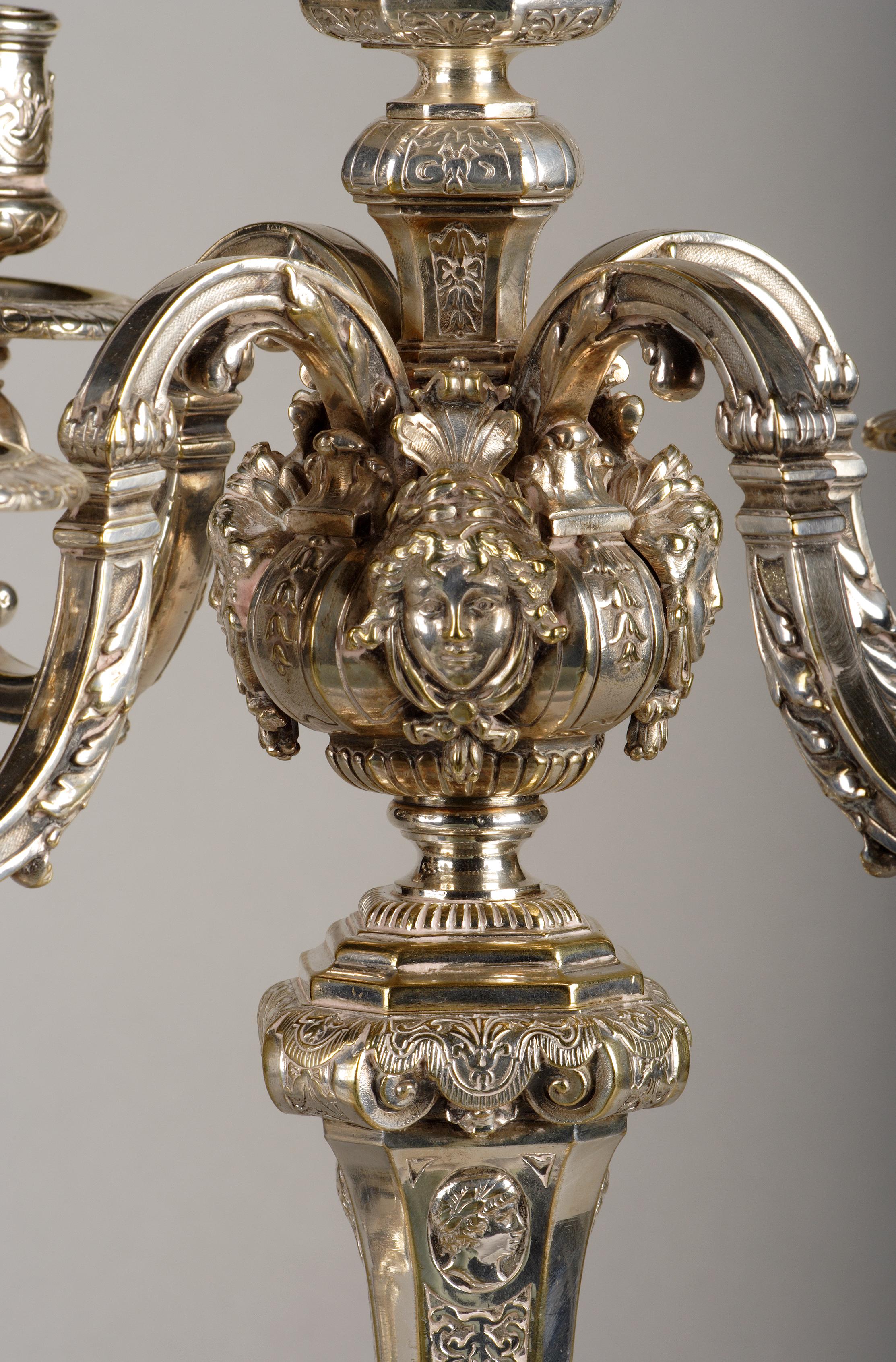 French Pair of Louis XIV Style Silvered Bronze Candelabras, France, Circa 1880 For Sale