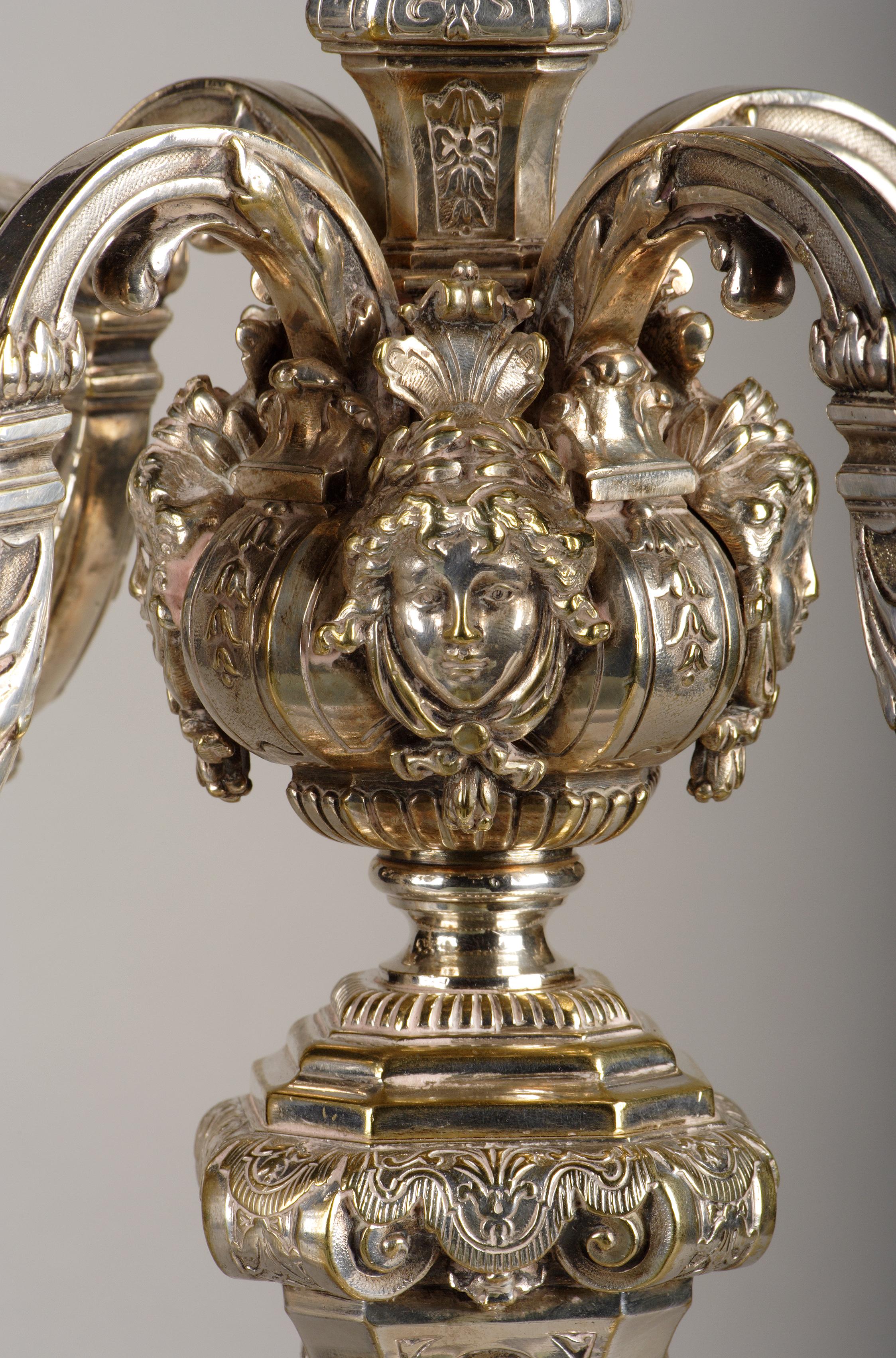 Pair of Louis XIV Style Silvered Bronze Candelabras, France, Circa 1880 In Good Condition For Sale In PARIS, FR