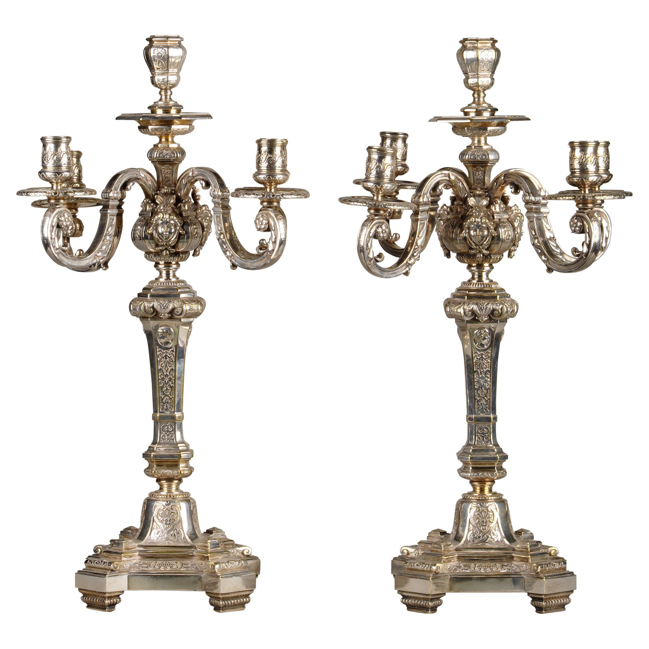 Pair of Louis XIV Style Silvered Bronze Candelabras, France, Circa 1880 For Sale