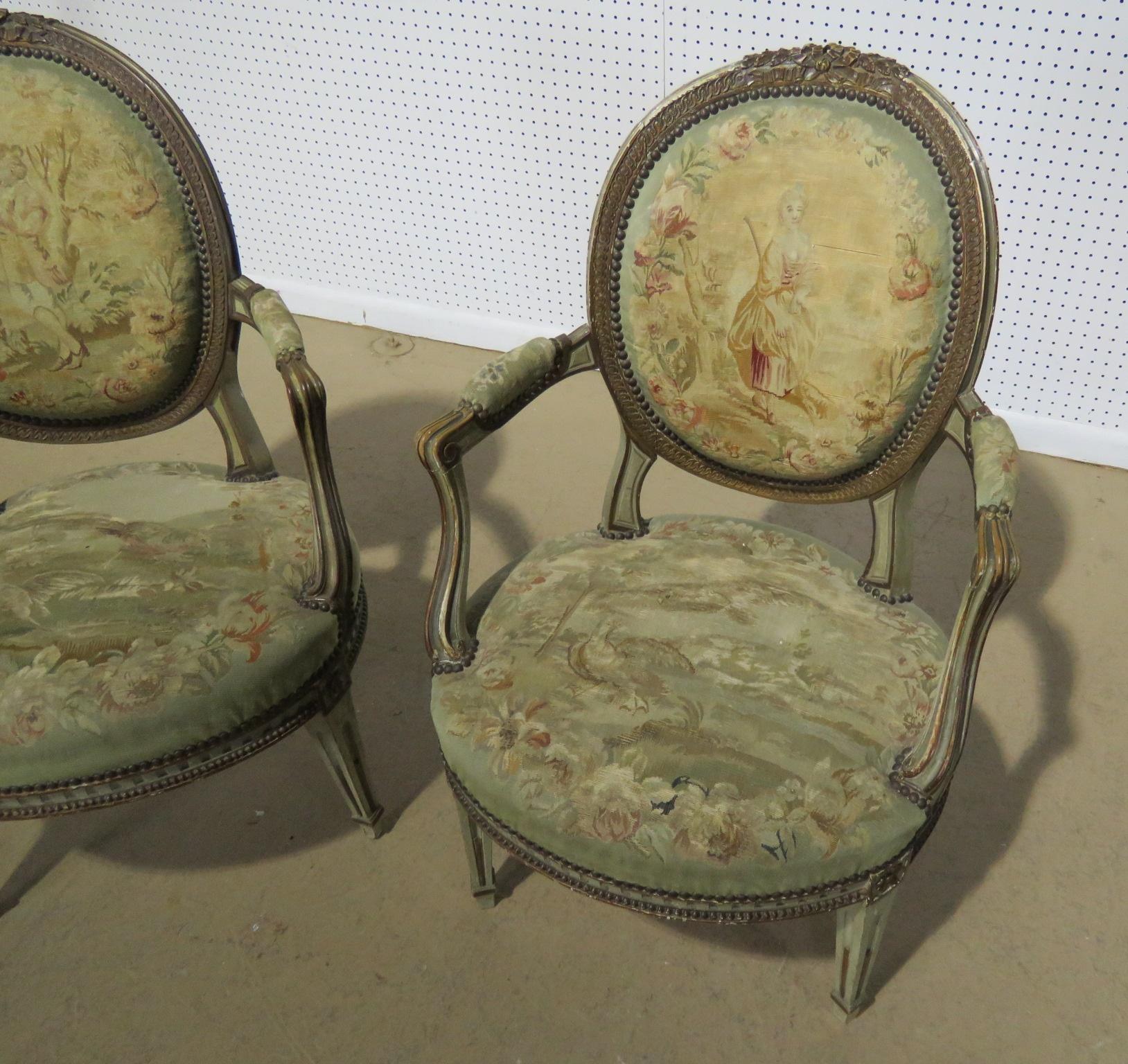 Pair of Anique Louis XIV Style Fauteuils Armchairs with needlepoint tapestry In Good Condition In Swedesboro, NJ