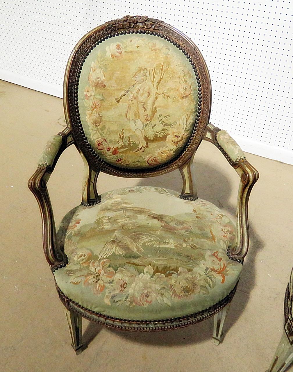 20th Century Pair of Anique Louis XIV Style Fauteuils Armchairs with needlepoint tapestry