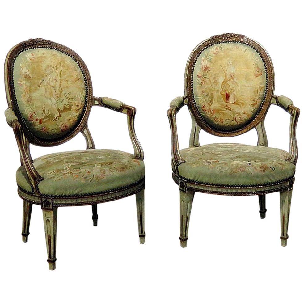 Pair of Anique Louis XIV Style Fauteuils Armchairs with needlepoint tapestry