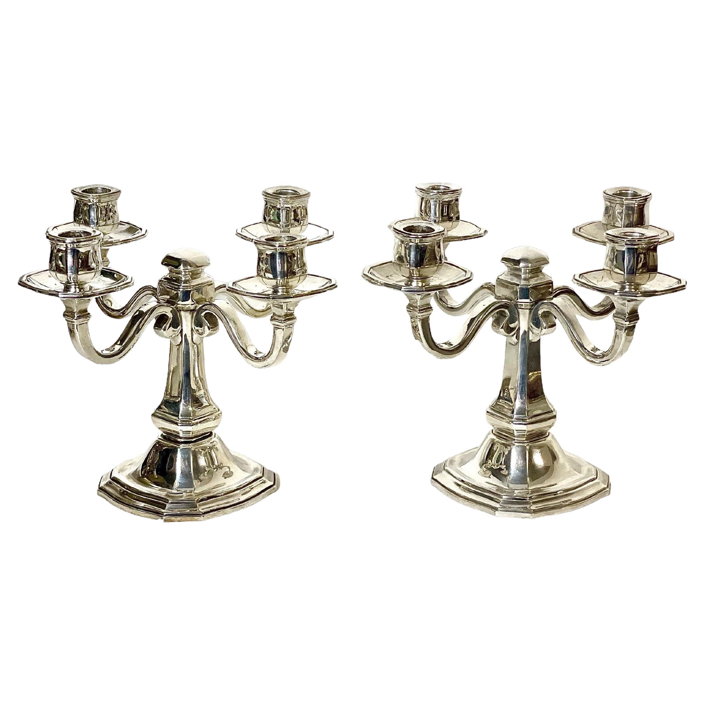 Pair of Louis XIV Style Four Light Silver Plated Bronze Candelabras For Sale