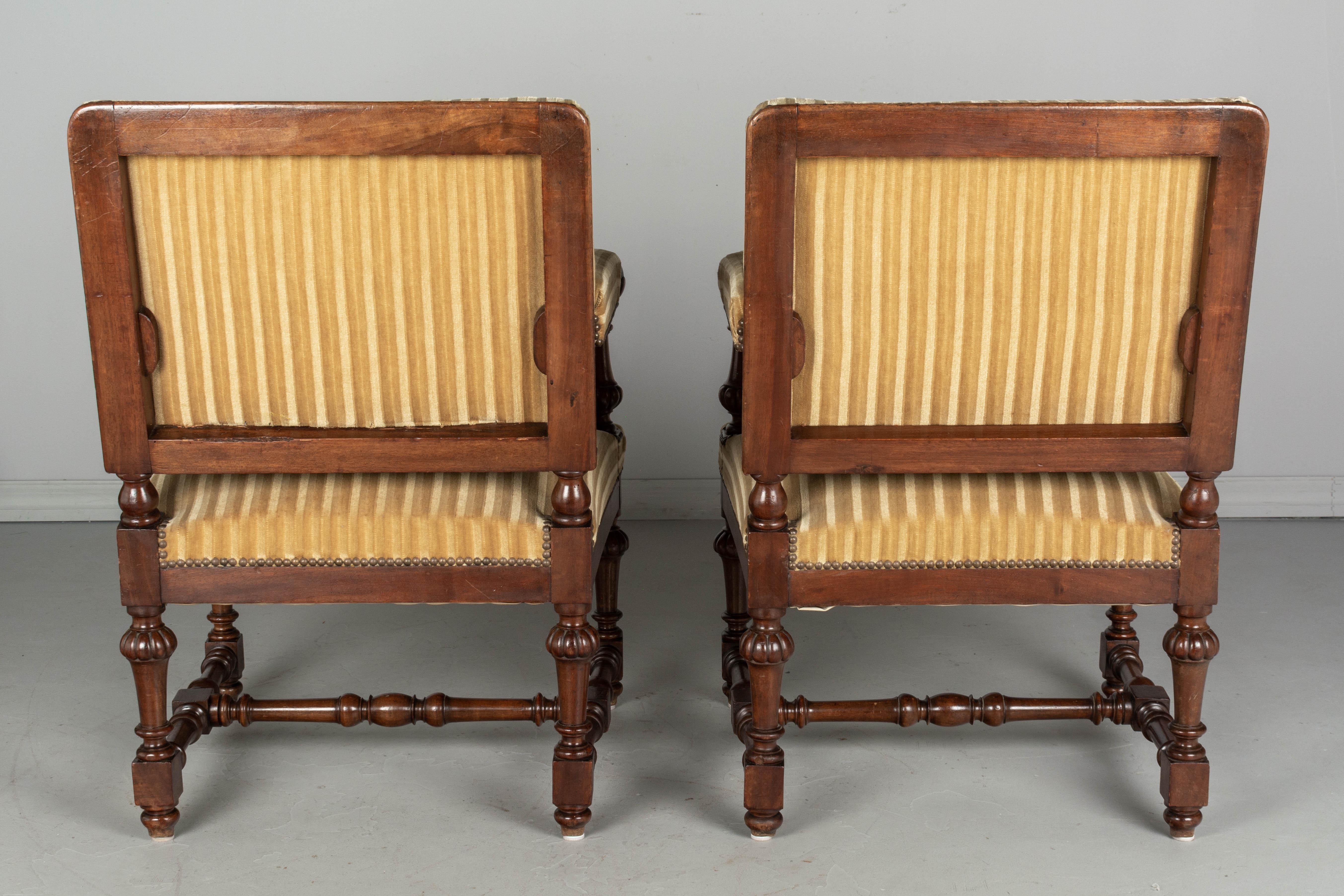 Pair of Louis XIV Style French Walnut Fauteuils For Sale 1