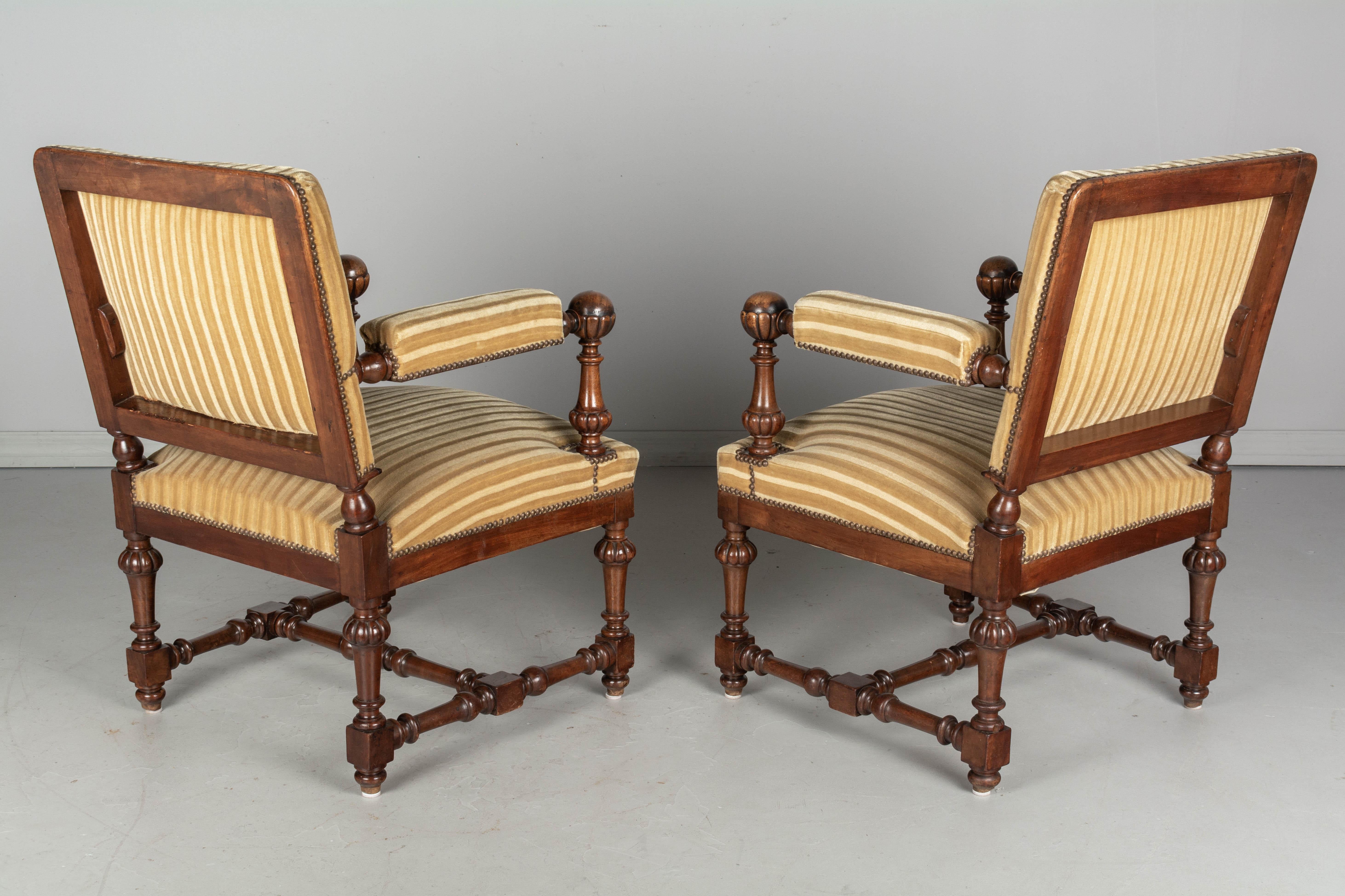 Pair of Louis XIV Style French Walnut Fauteuils For Sale 3