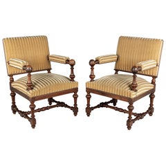 Pair of Louis XIV Style French Walnut Fauteuils