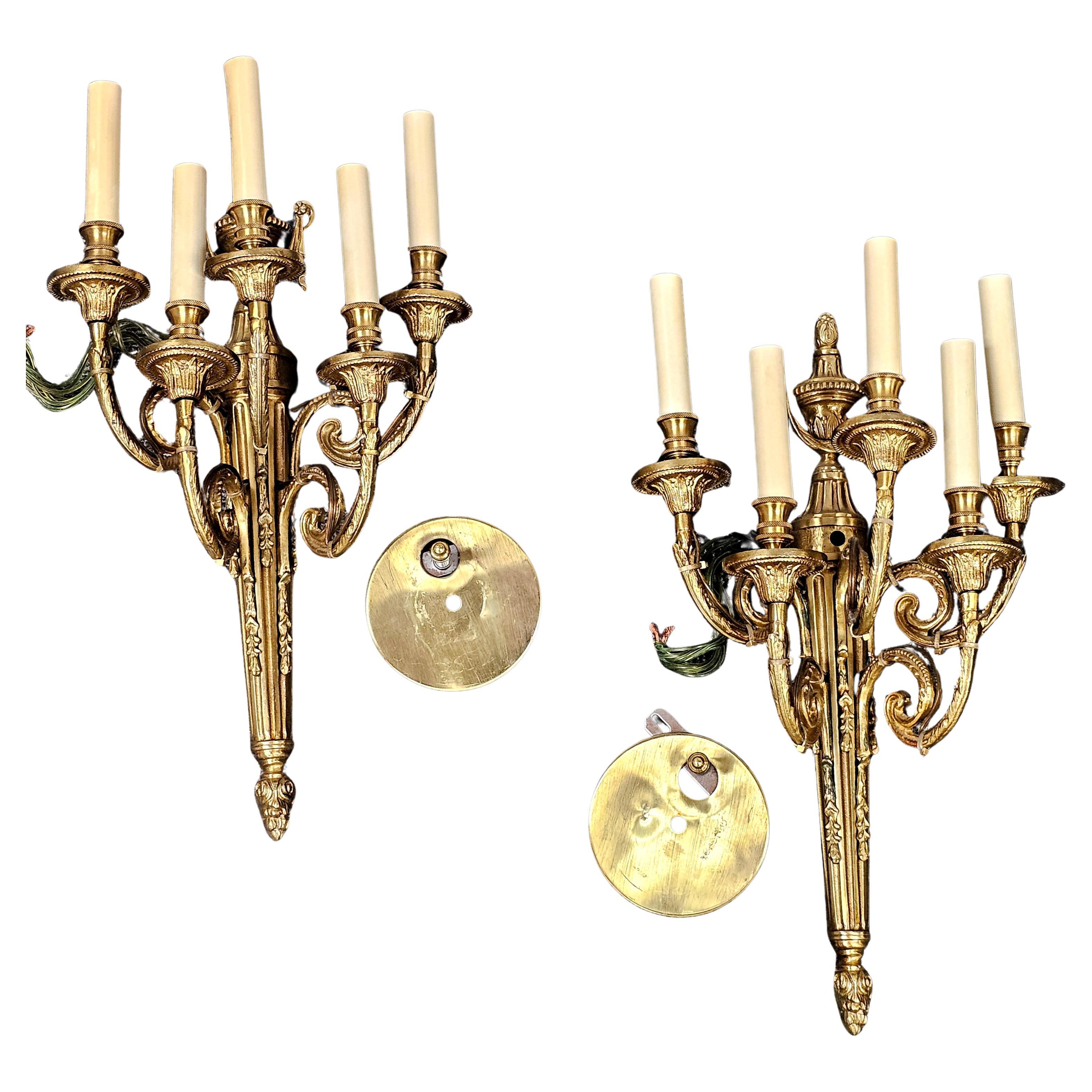 Pair of Louis XIV Style Gilt Metal Five Light Electric Wall Sconces For Sale