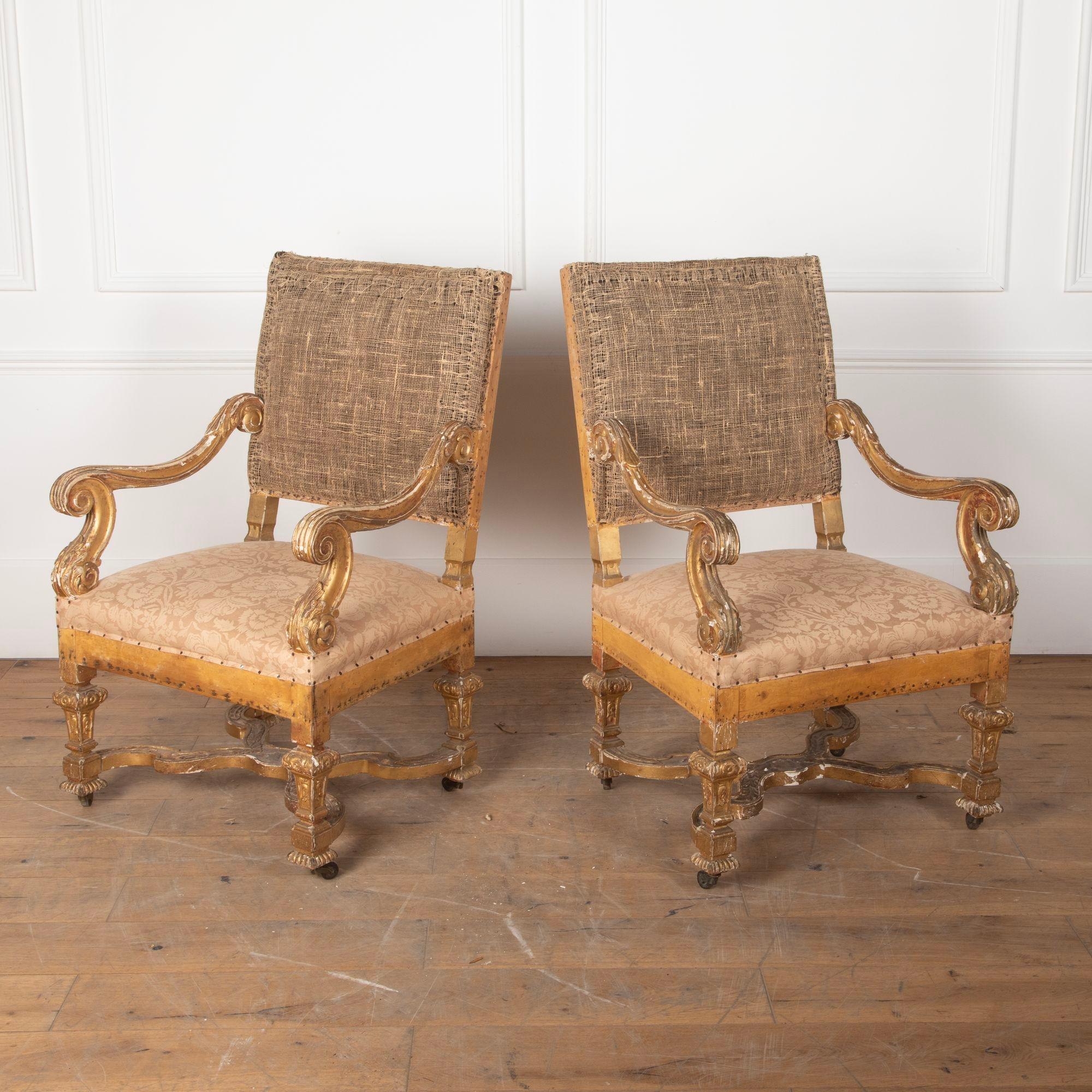 French Pair of Louis XIV Style Giltwood Armchairs For Sale