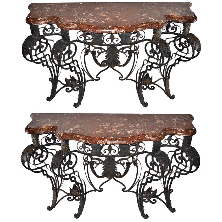 Pair of Louis XIV Style Iron and Marble Console Tables For Sale