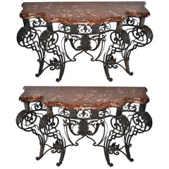 Pair of Louis XIV Style Iron and Marble Console Tables