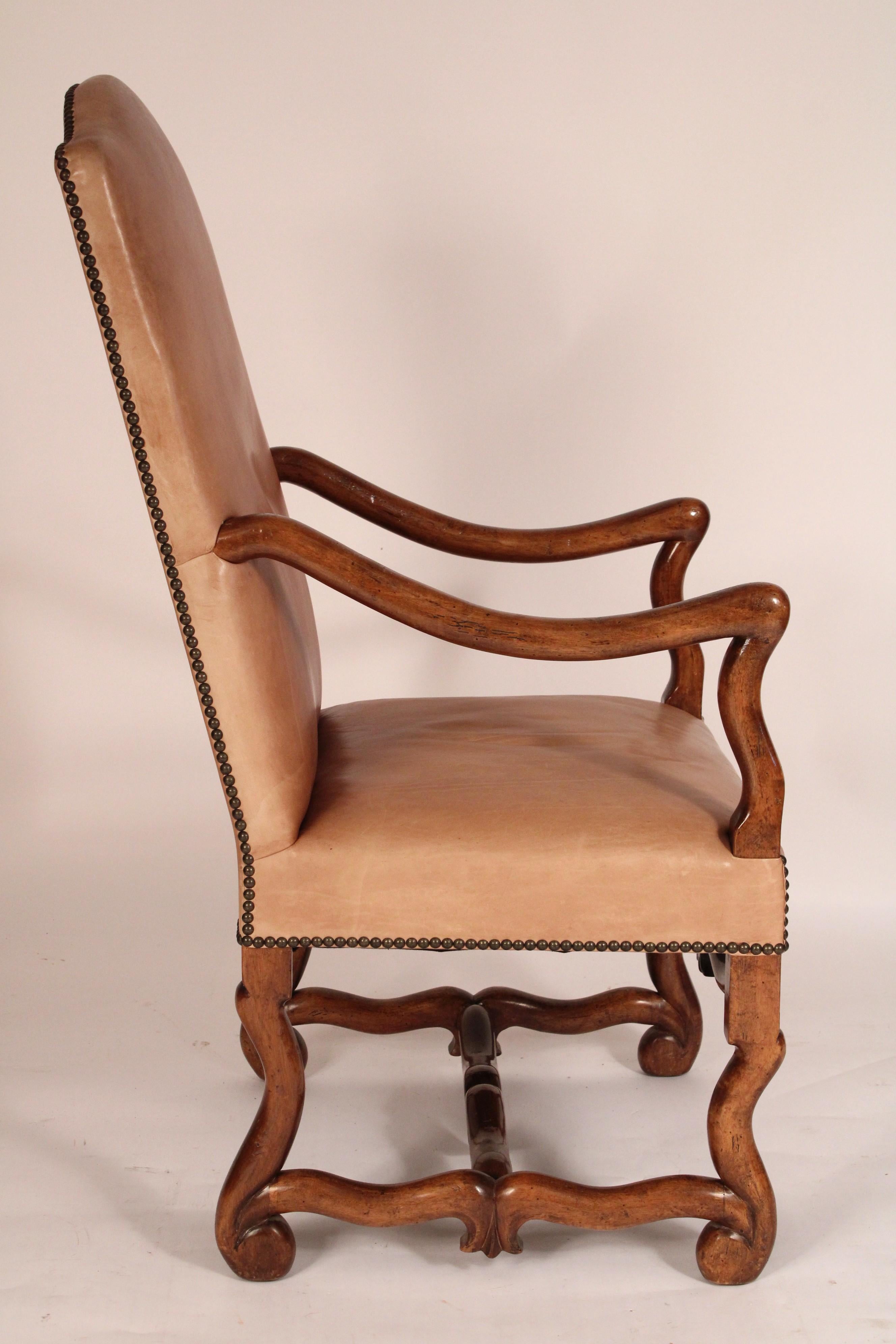 Mid-20th Century Pair of Louis XIV Style Leather Upholstered Walnut armchairs For Sale