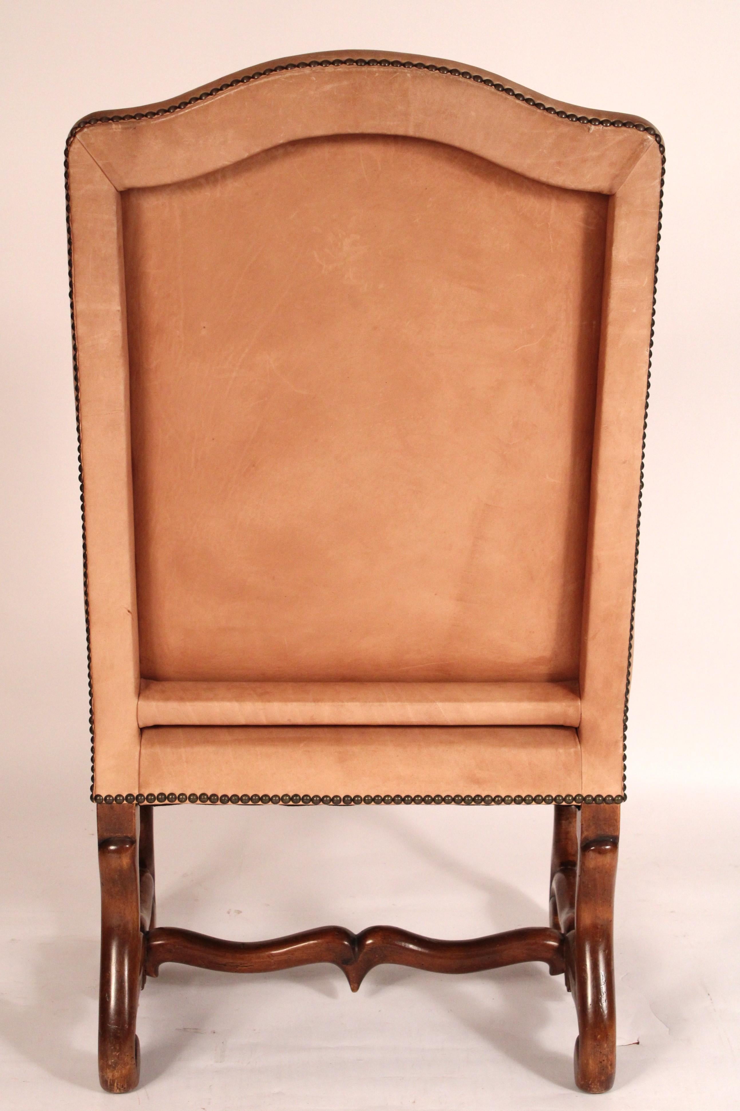 Brass Pair of Louis XIV Style Leather Upholstered Walnut armchairs For Sale