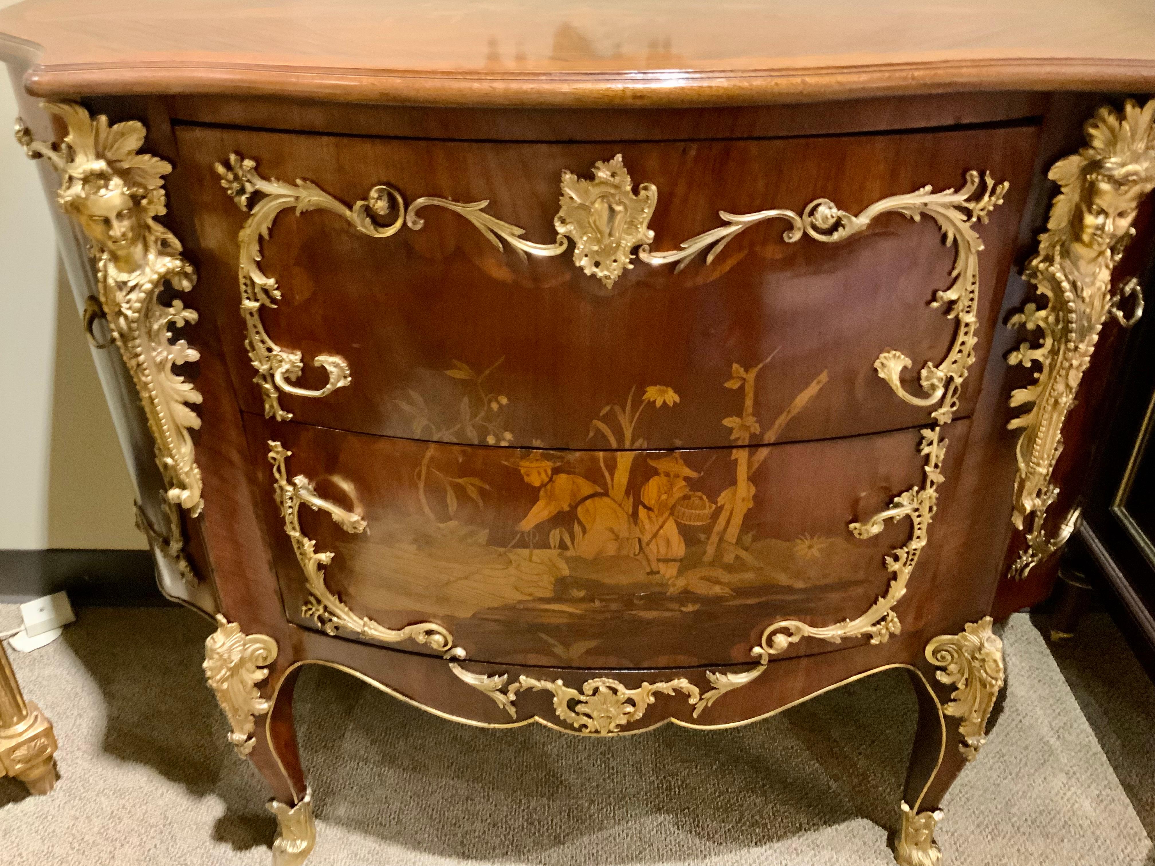 Pair of Louis XIV-Style Mahogany Inlaid Marquetry Commodes, 19th Century For Sale 13