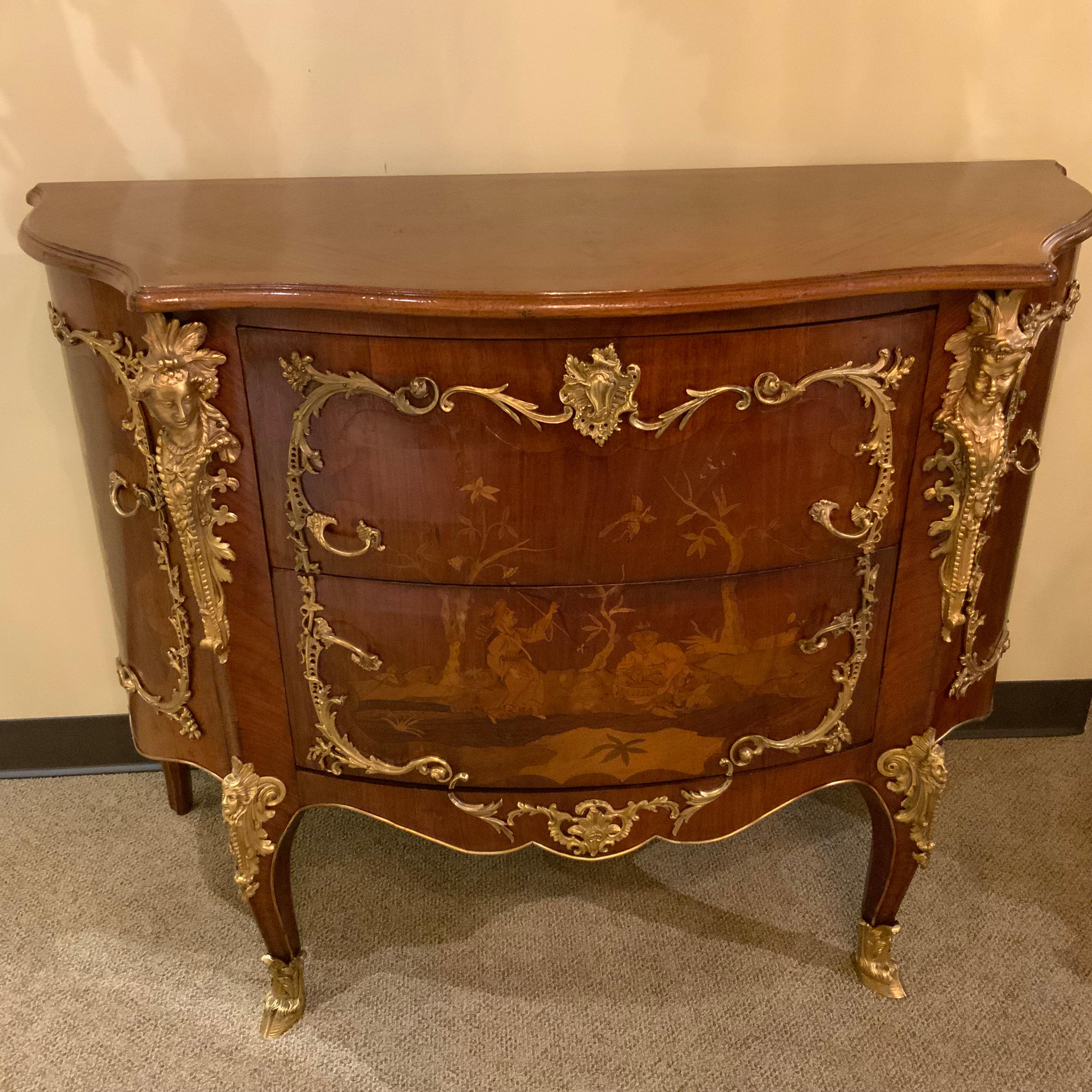 French Pair of Louis XIV-Style Mahogany Inlaid Marquetry Commodes, 19th Century For Sale