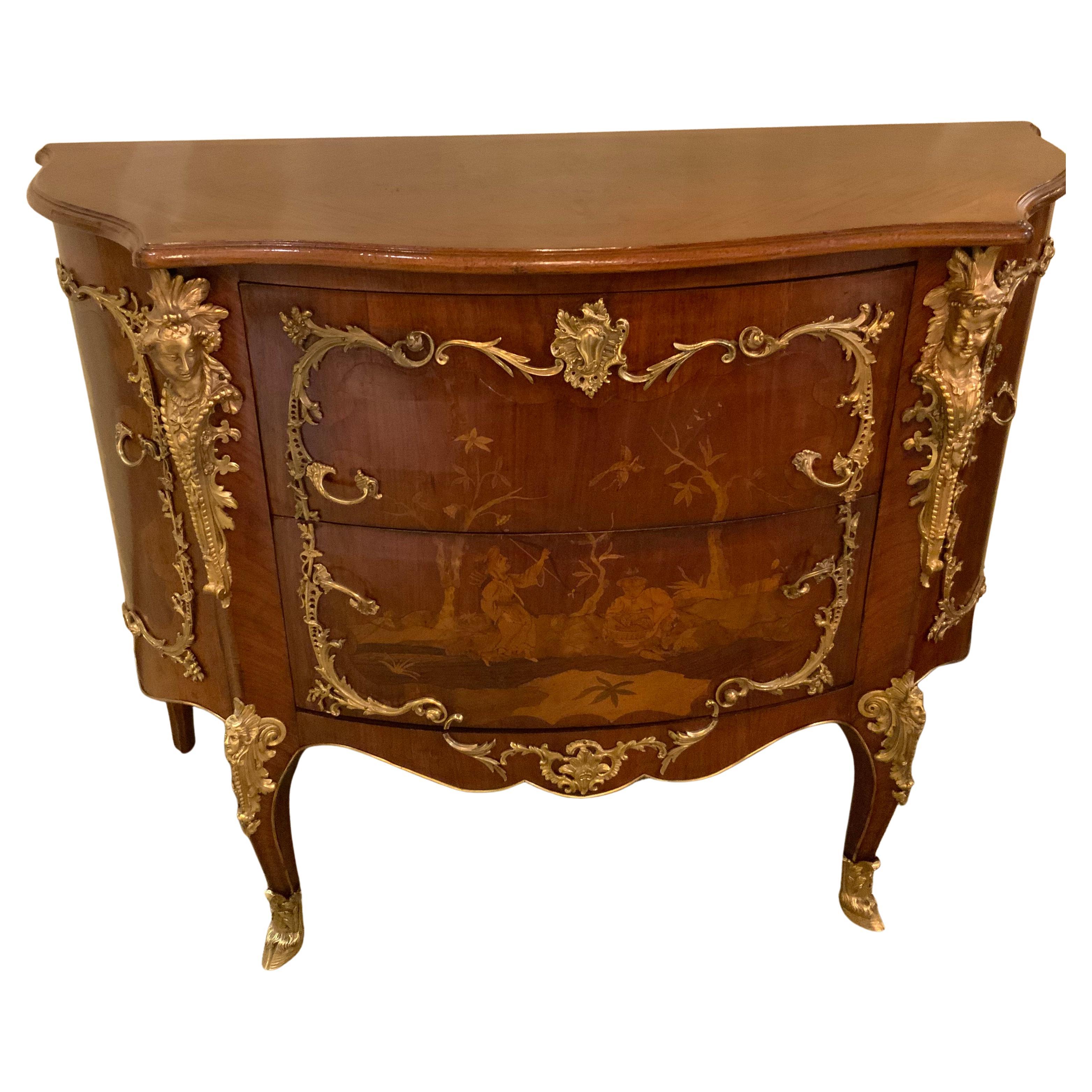 Pair of Louis XIV-Style Mahogany Inlaid Marquetry Commodes, 19th Century