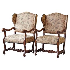 Retro Pair of Louis XIV Style, Os de Mouton, Walnut Wingback Fauteuils