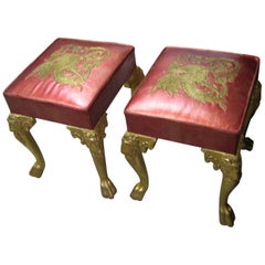 Pair of Louis XIV Style Stools of Giltwood, Leather by Maison Straure, France