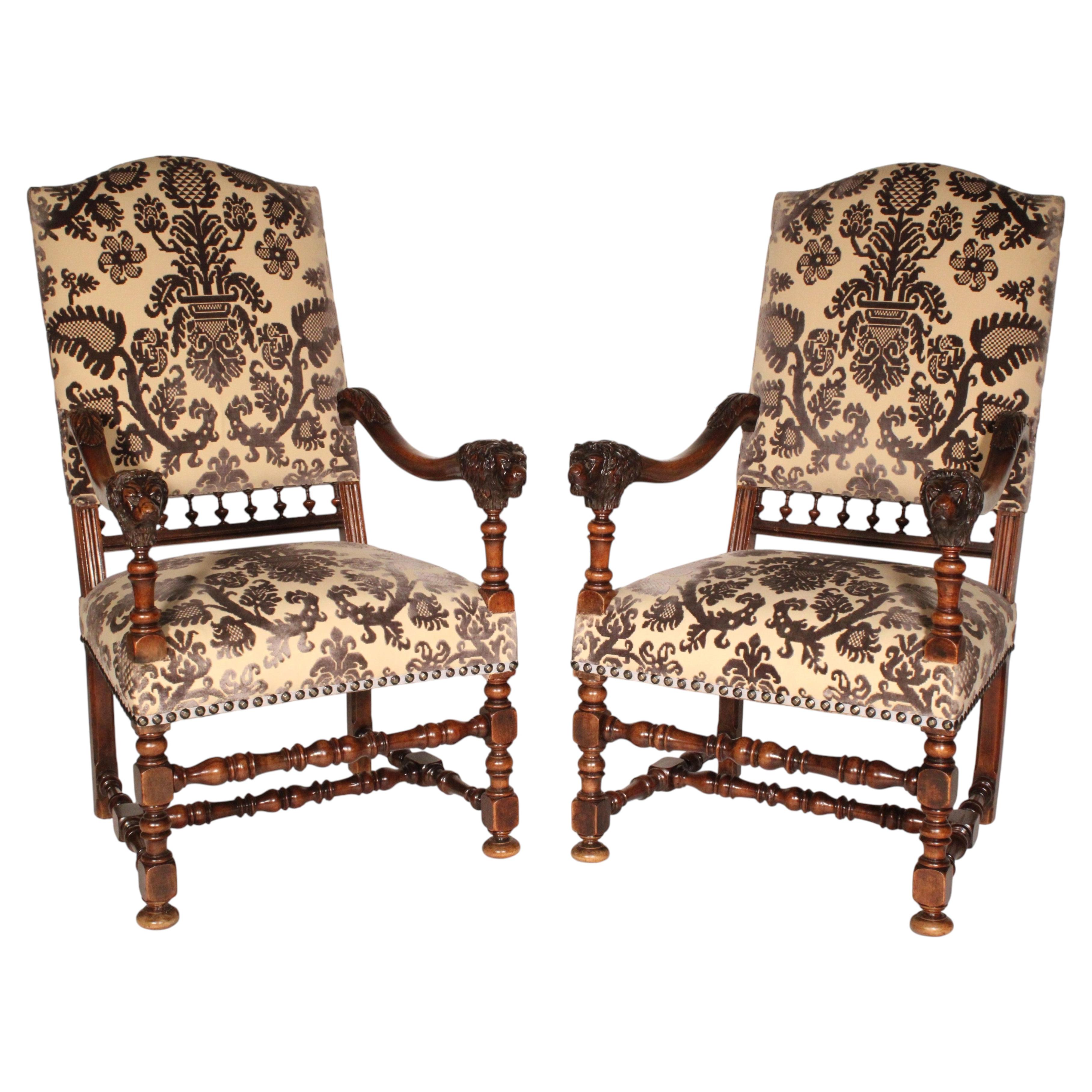 Pair of Louis XIV Style Walnut Armchairs with Lion Carved arms For Sale