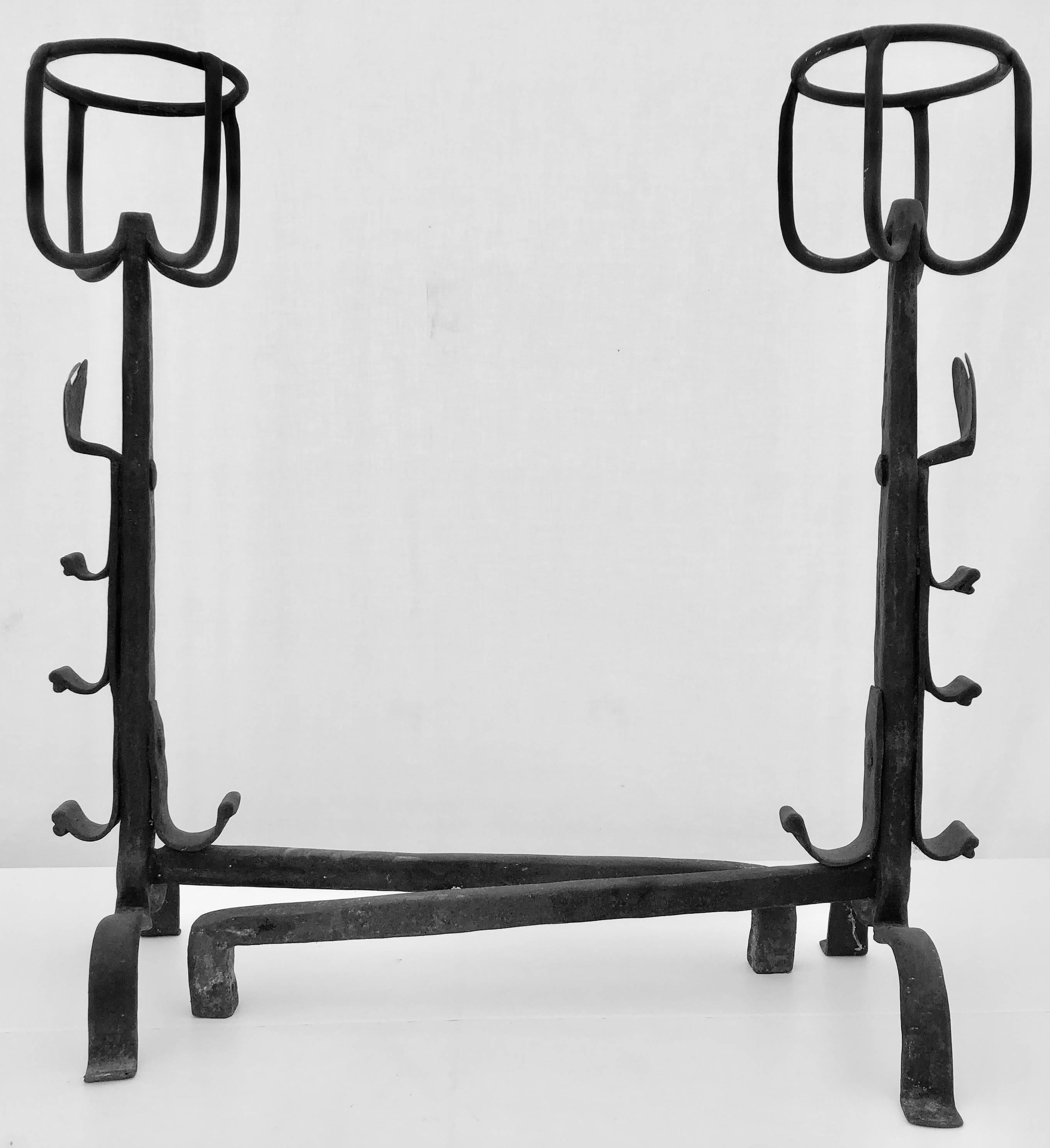 Cast Pair of Louis XIV French Forged Iron Basket Top Andirons with Hearts, 1700s For Sale