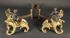 Paar Louis XV.-Feuerböcke aus vergoldeter Bronze mit schwarzer Patina, Louis XV.-Stil