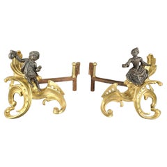 Pareja De Andirones Luis XV De Bronce Dorado Patinado Negro
