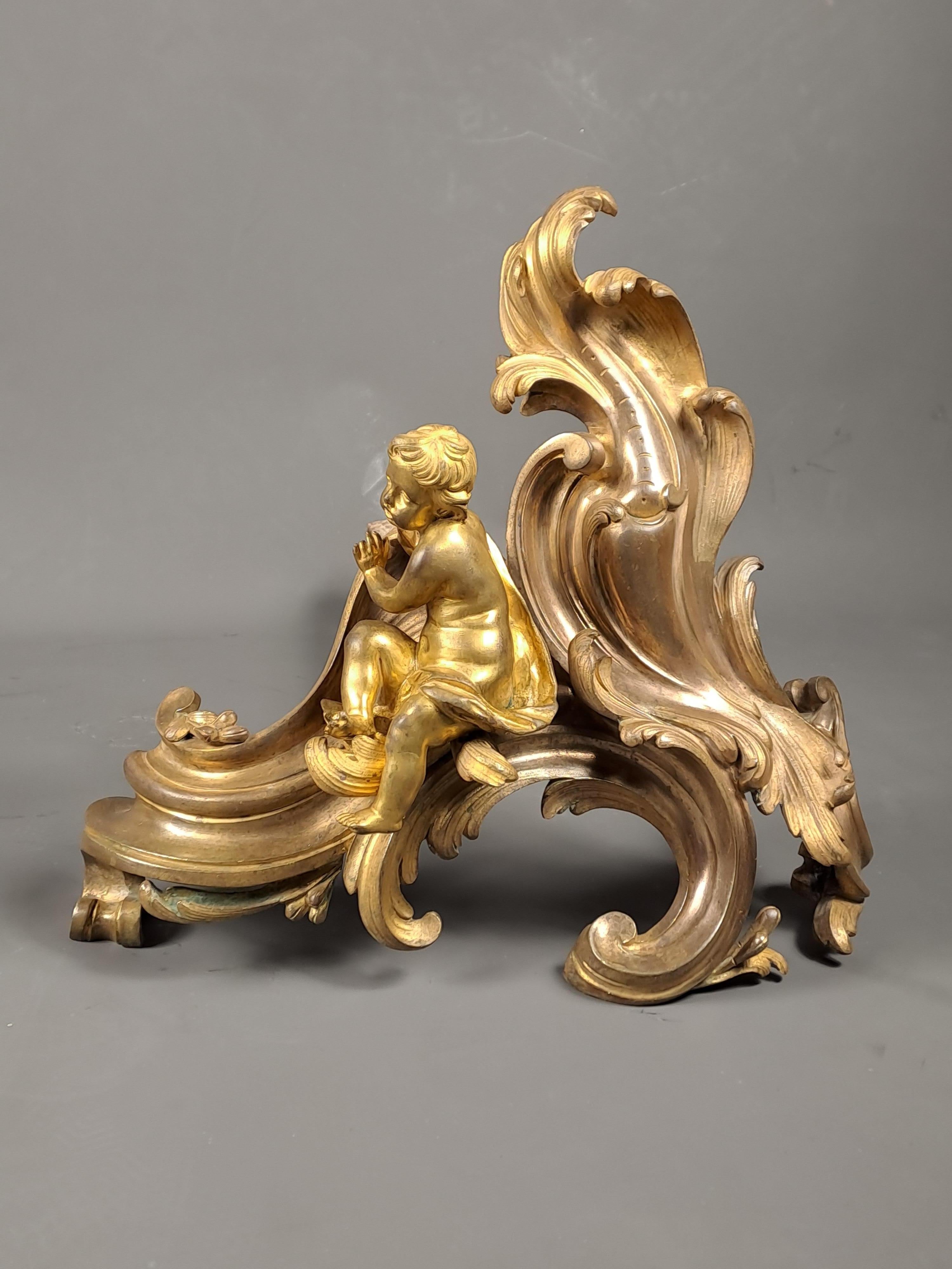 French Pair Of Louis XV Andirons With Putti