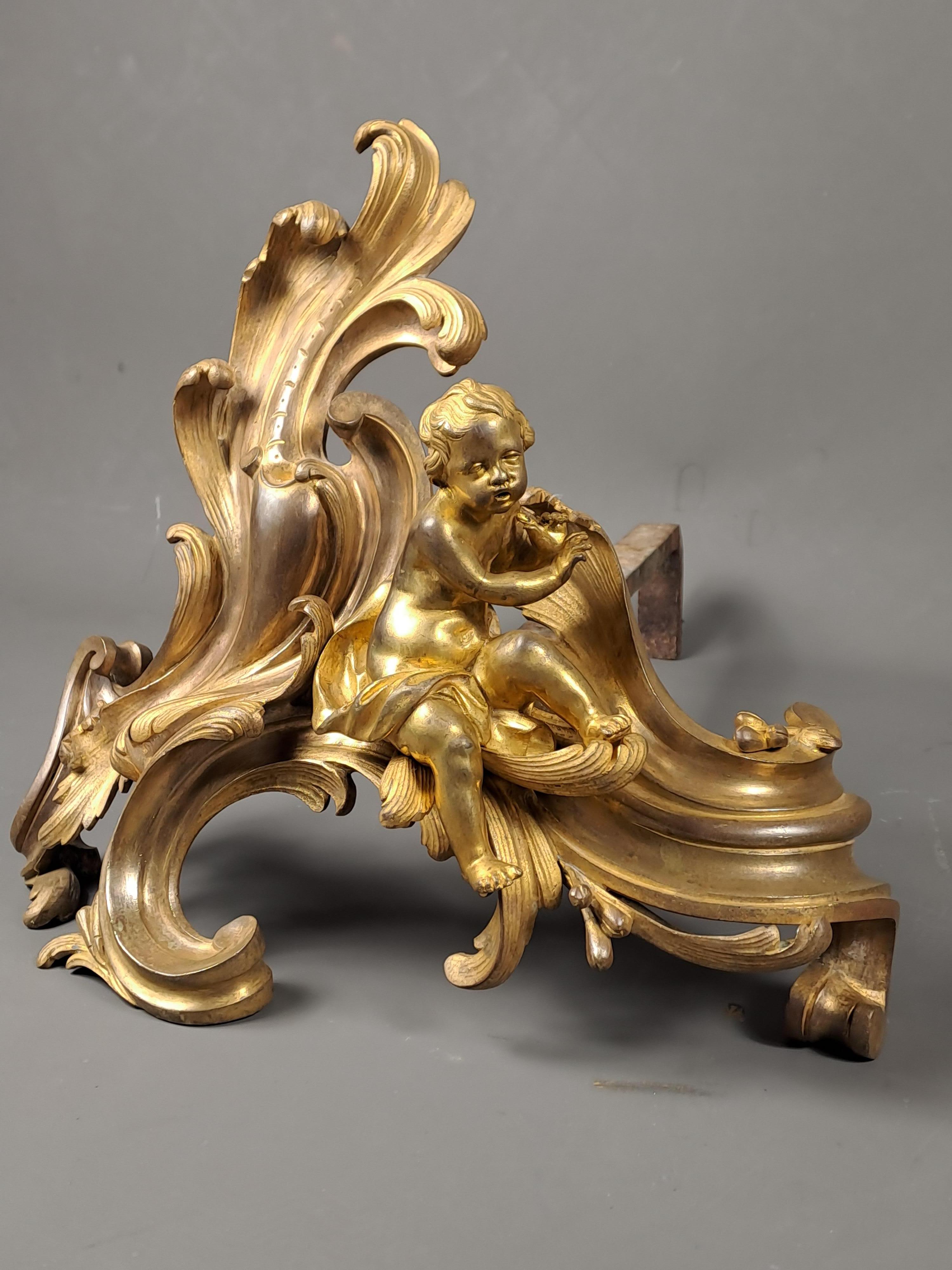 Gilt Pair Of Louis XV Andirons With Putti