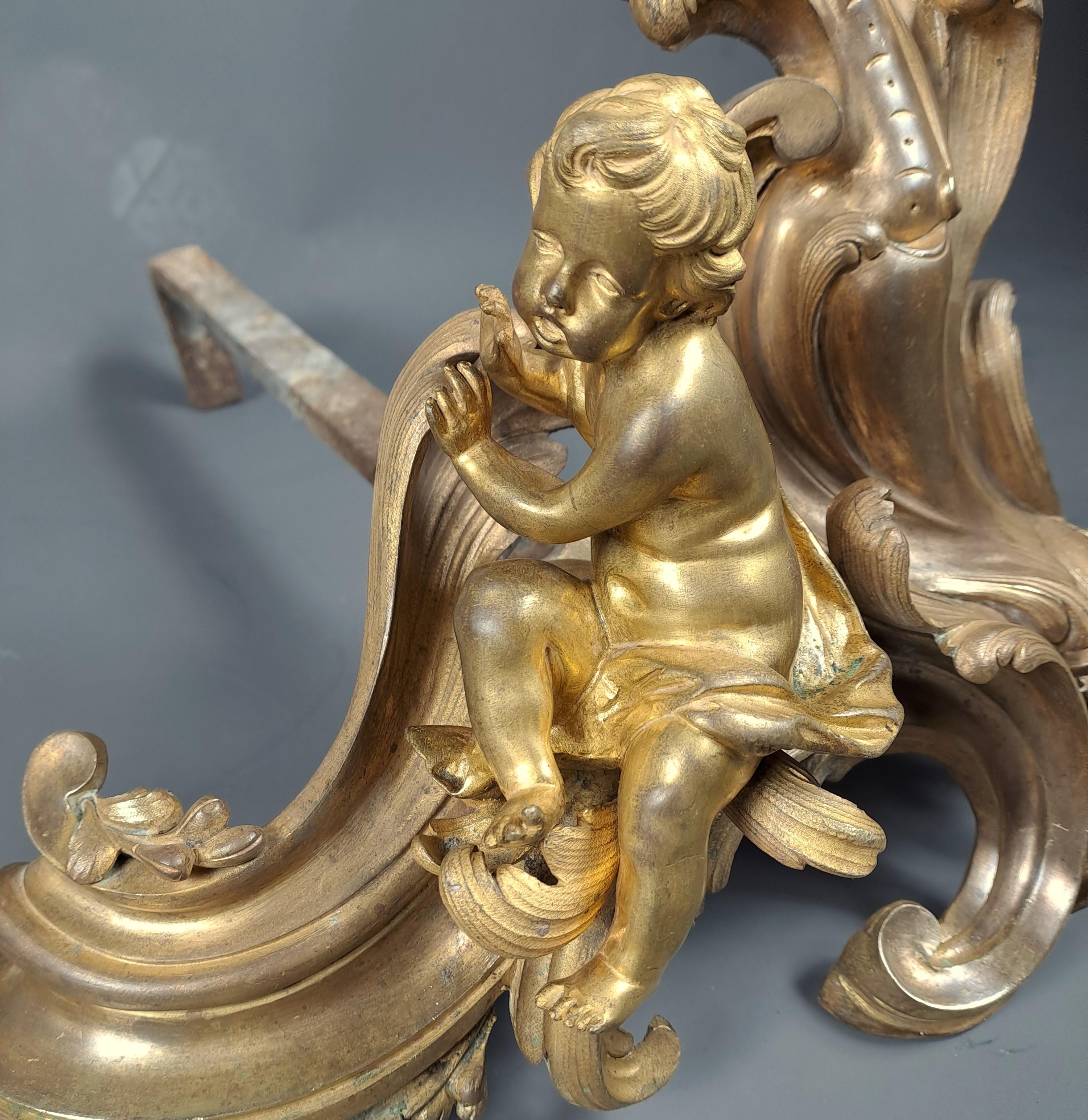 Bronze Pair Of Louis XV Andirons With Putti
