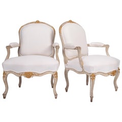 Pair of Louis XV Antique White Painted Armchairs, Fauteuils