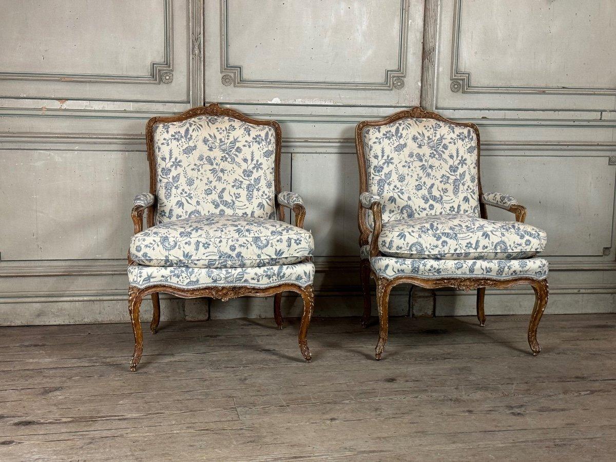 Pair Of Louis XV  Armchairs In Carved And “chené” Wood, 18th Century