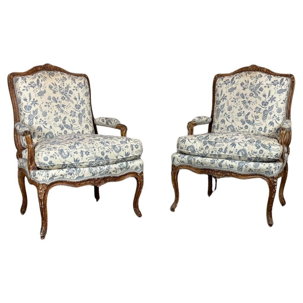 Pair Of Louis XV Armchairs In Carved And “chené” Wood, 18th Century For Sale