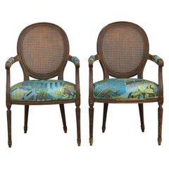 Pair of Louis XV Armchairs with Distressed Wood and Fornasetti Fabric