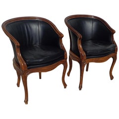 Pair of Jamestown Lounge Co. Louis XV Barrel Chairs in Black Leather