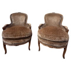 Pair of Louis XV bergères brown glazed velvet
