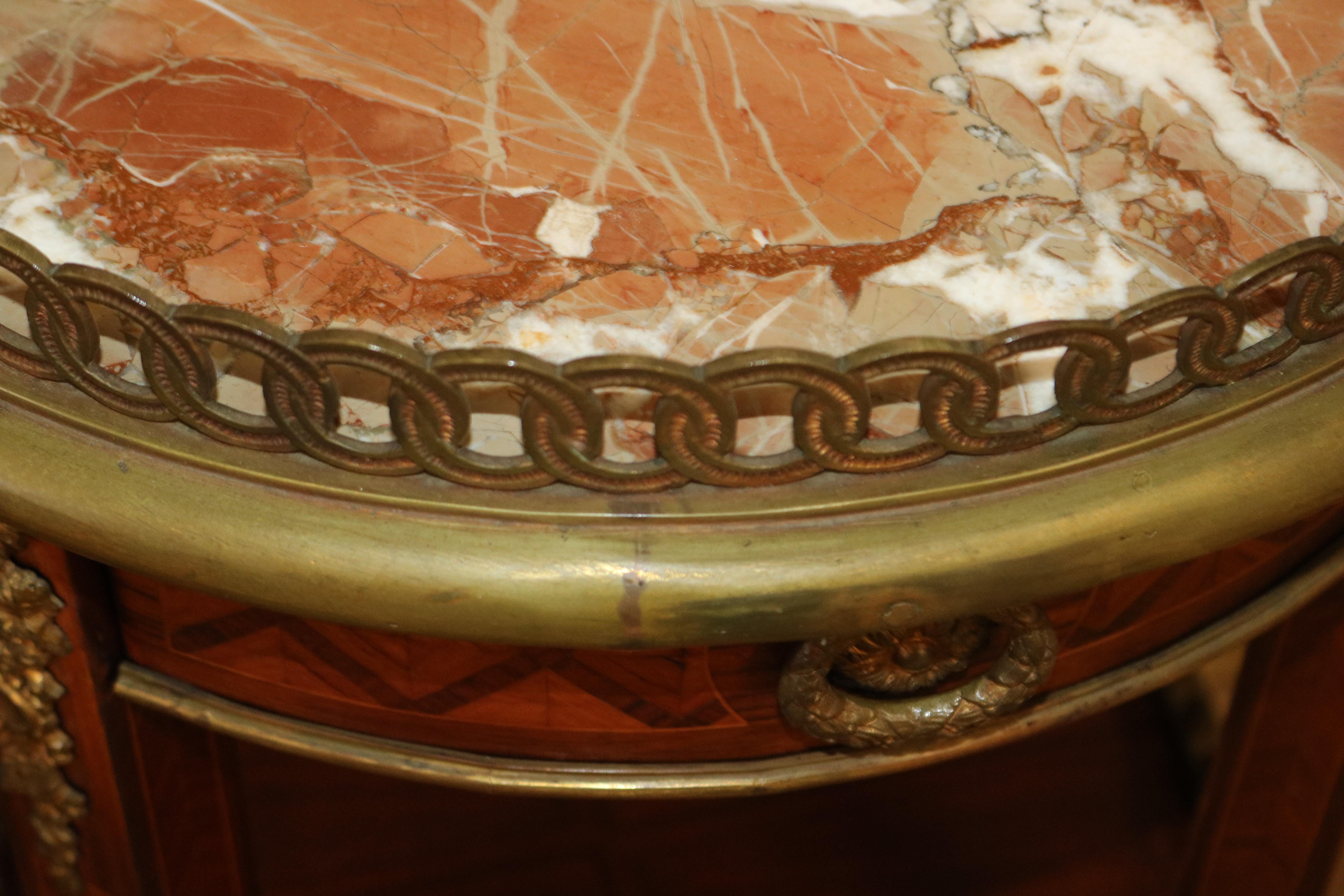 Pair of Louis XV Bronze Mounted Inlaid Marble Top End Table Gueridons For Sale 3
