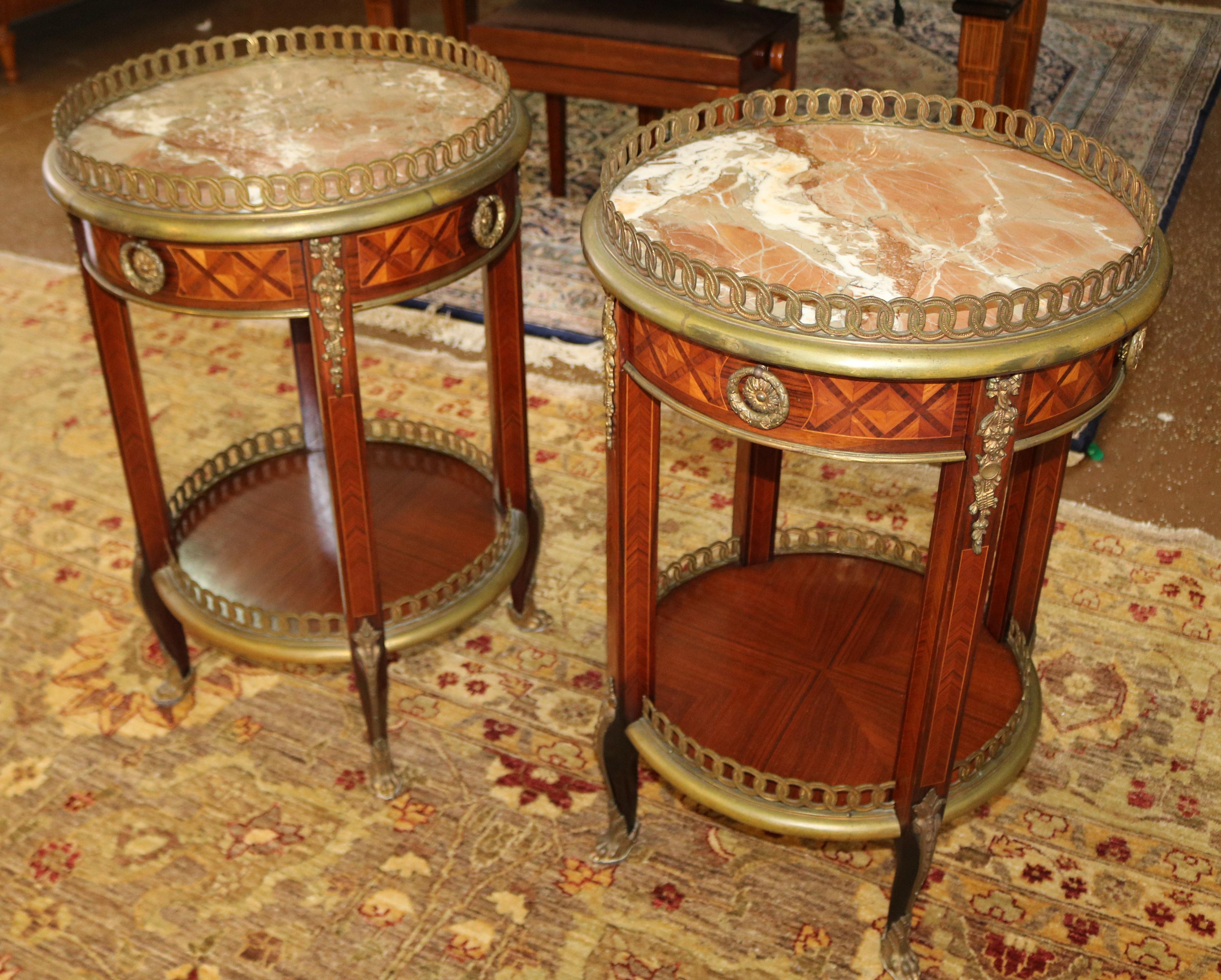 French Pair of Louis XV Bronze Mounted Inlaid Marble Top End Table Gueridons For Sale
