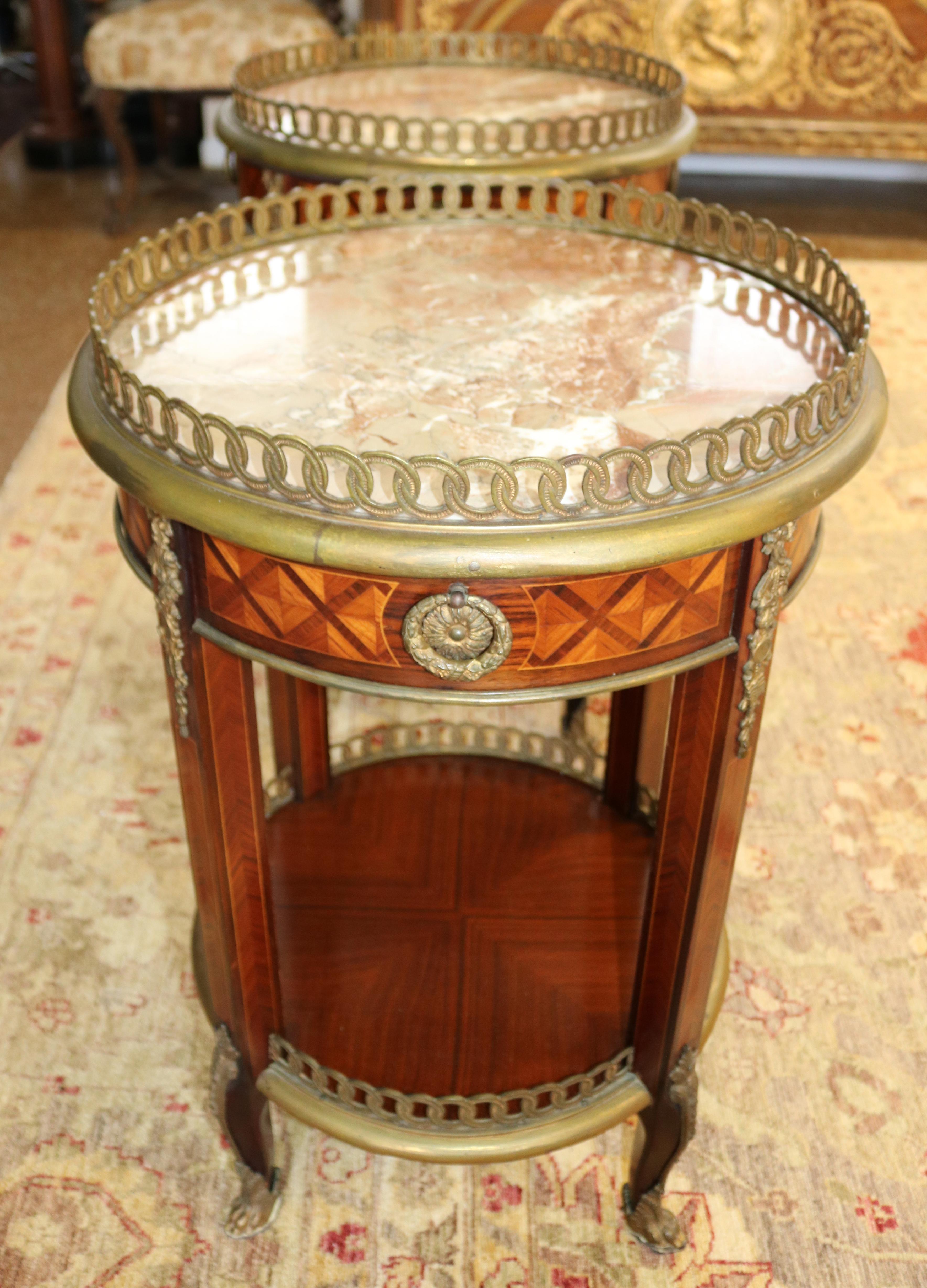 Pair of Louis XV Bronze Mounted Inlaid Marble Top End Table Gueridons In Good Condition For Sale In Long Branch, NJ