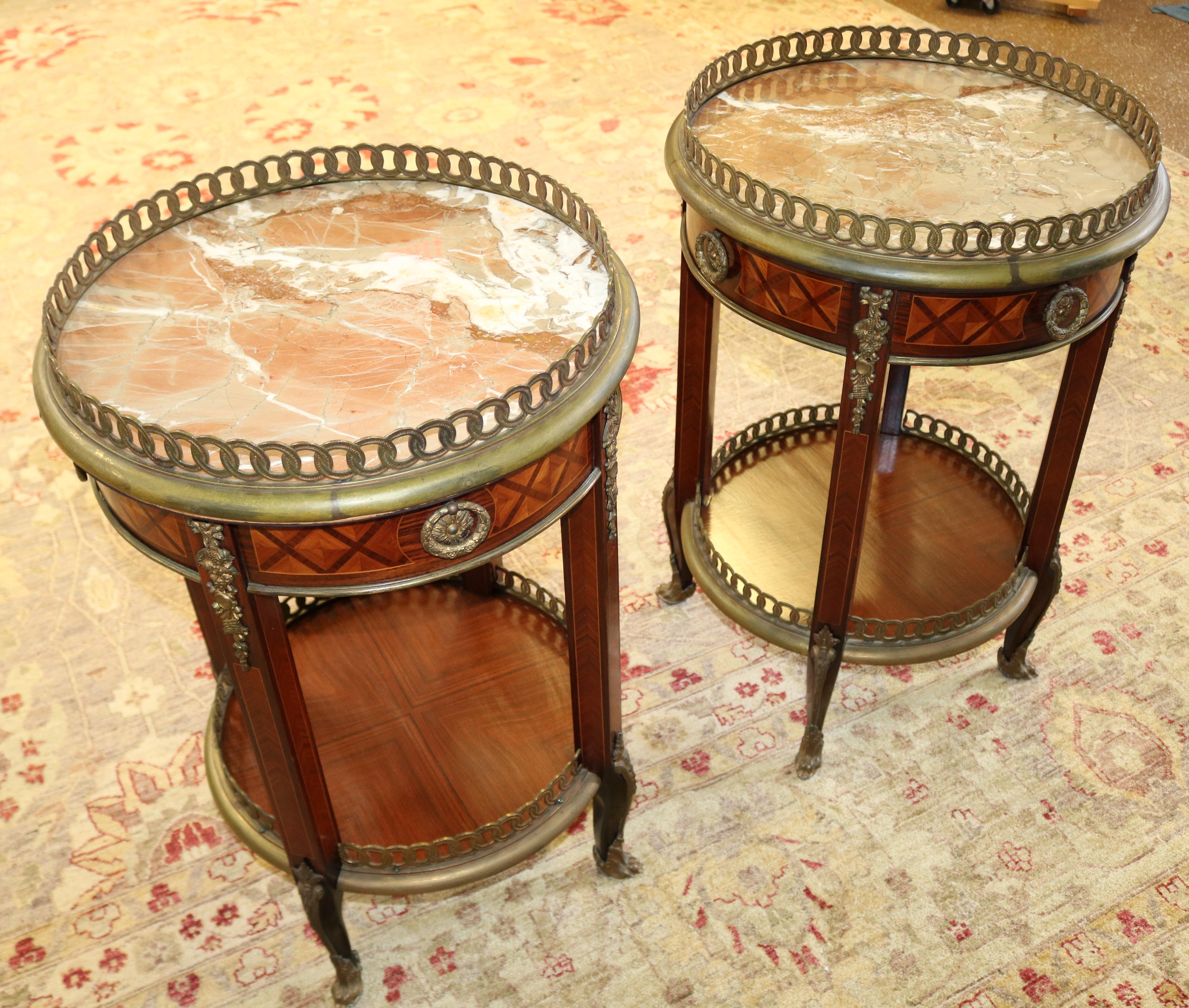20th Century Pair of Louis XV Bronze Mounted Inlaid Marble Top End Table Gueridons For Sale