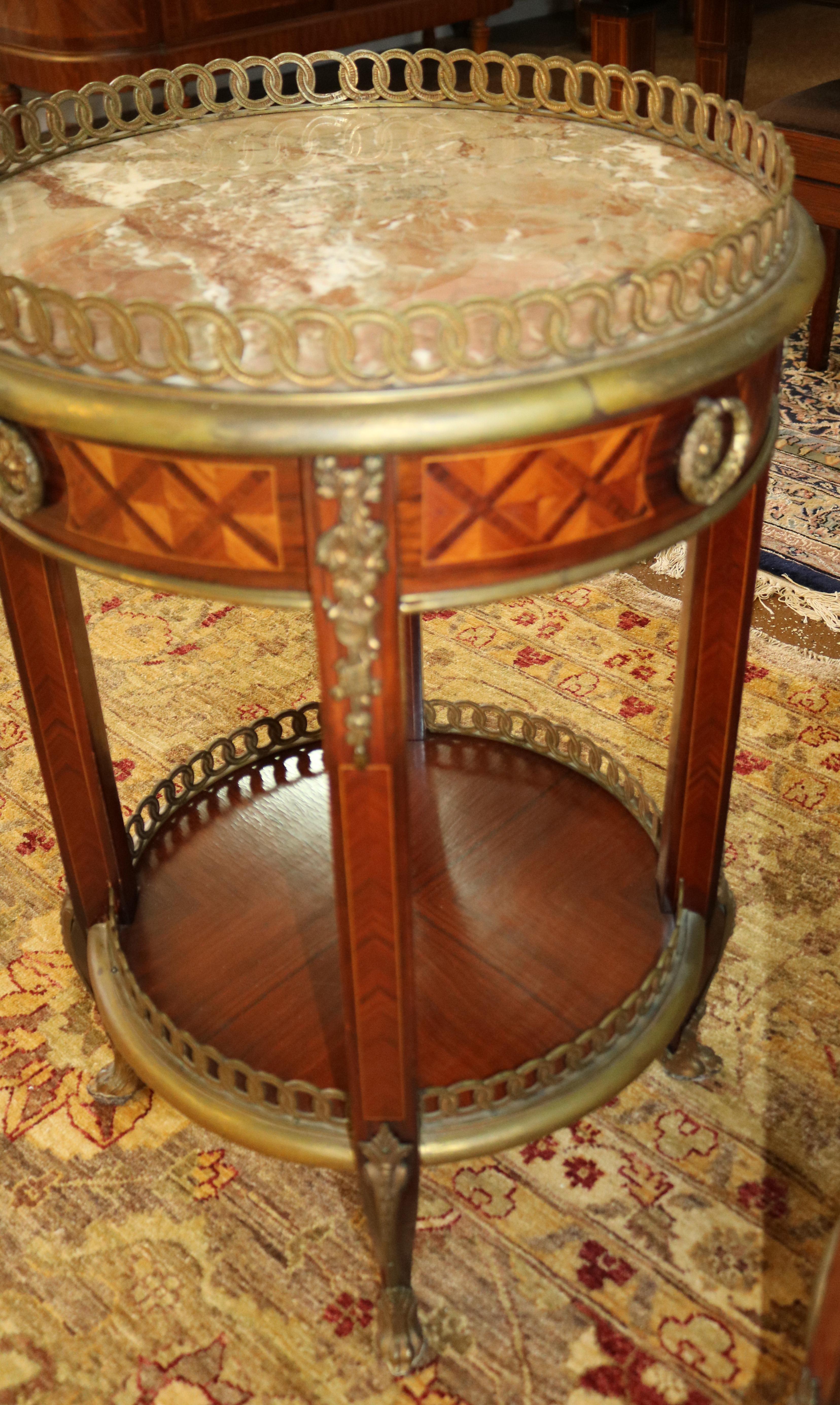 Walnut Pair of Louis XV Bronze Mounted Inlaid Marble Top End Table Gueridons For Sale