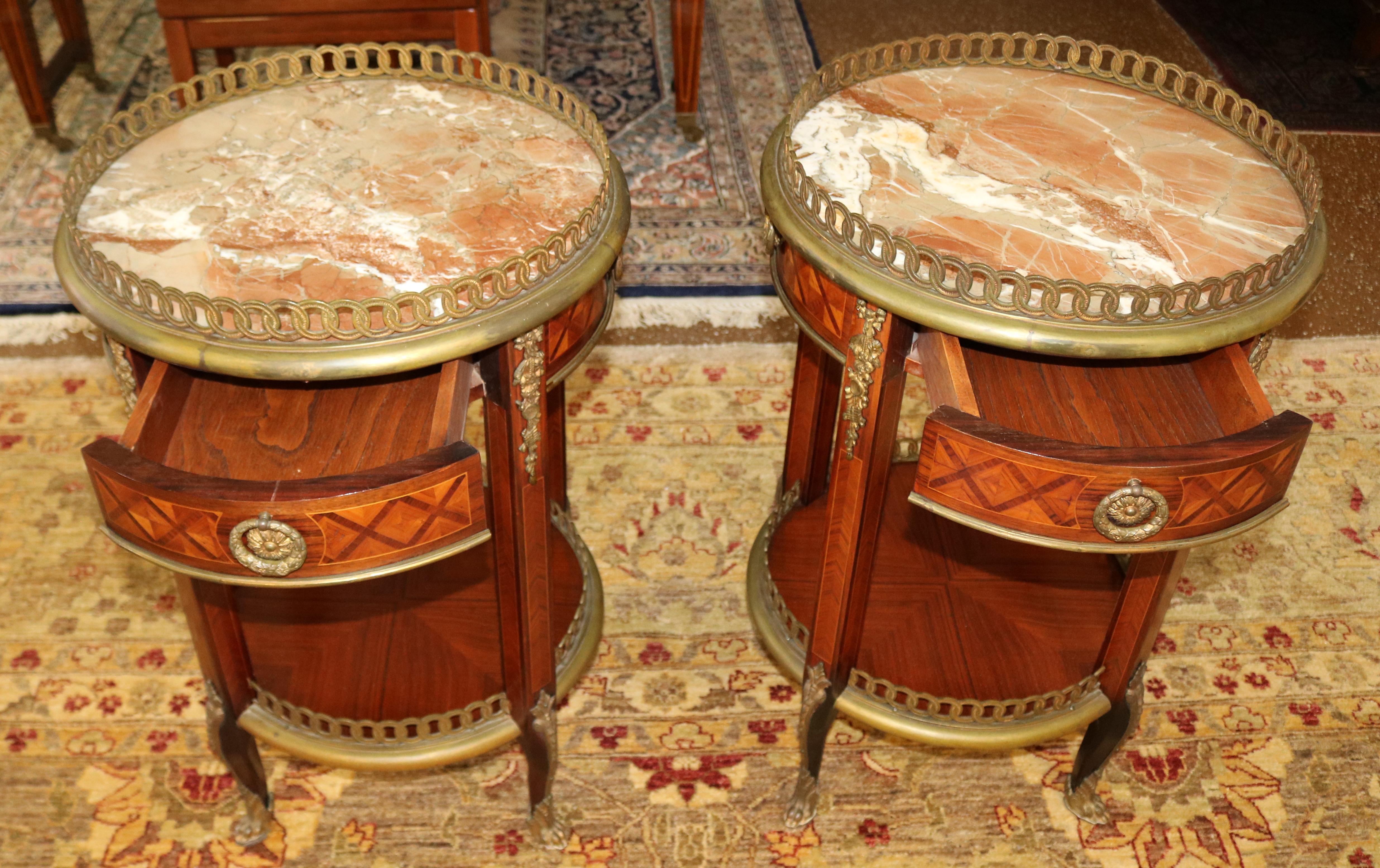 Pair of Louis XV Bronze Mounted Inlaid Marble Top End Table Gueridons For Sale 2