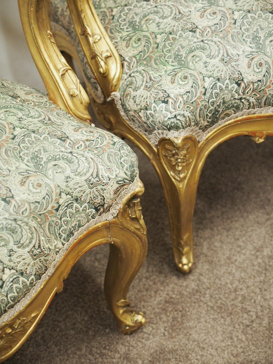 Pair of Louis XV Carved and Giltwood Armchairs For Sale 8