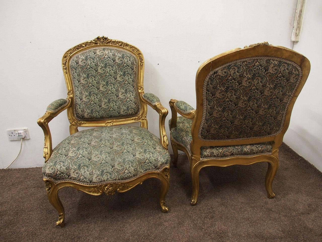 Pair of Louis XV Carved and Giltwood Armchairs For Sale 12