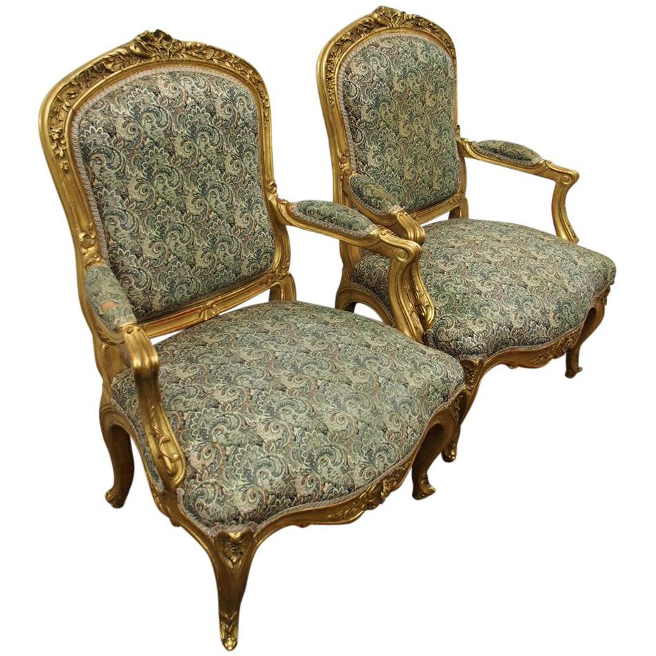 Pair of Louis XV Carved and Giltwood Armchairs For Sale